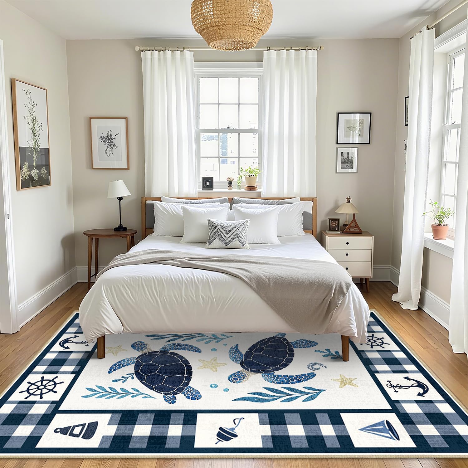 Coastal 5x7 Area Rug Nautical Sea Turtle Rugs Machine Washable Non-Slip Low-Pile Ocean Floor Carpet Beach Mat for Living Room Bedroom Dining Room Office