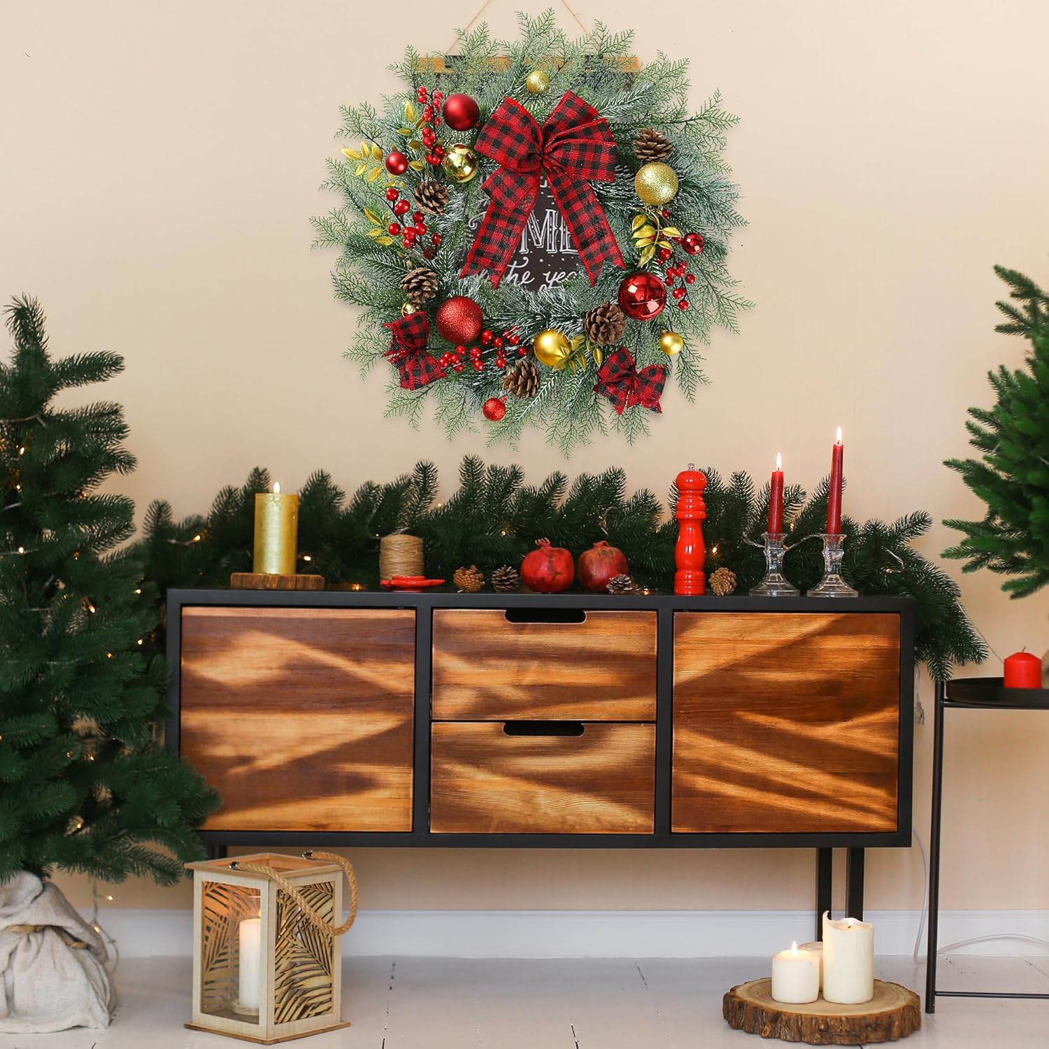 Sggvecsy 20 Inch Artificial Christmas Wreath for Front Door with Pine Needles Red Berries Pine Cones Buffalo Plaid Bow Christmas Ball Decorations for Winter Wall Outdoor Home Holiday Xmas Decor