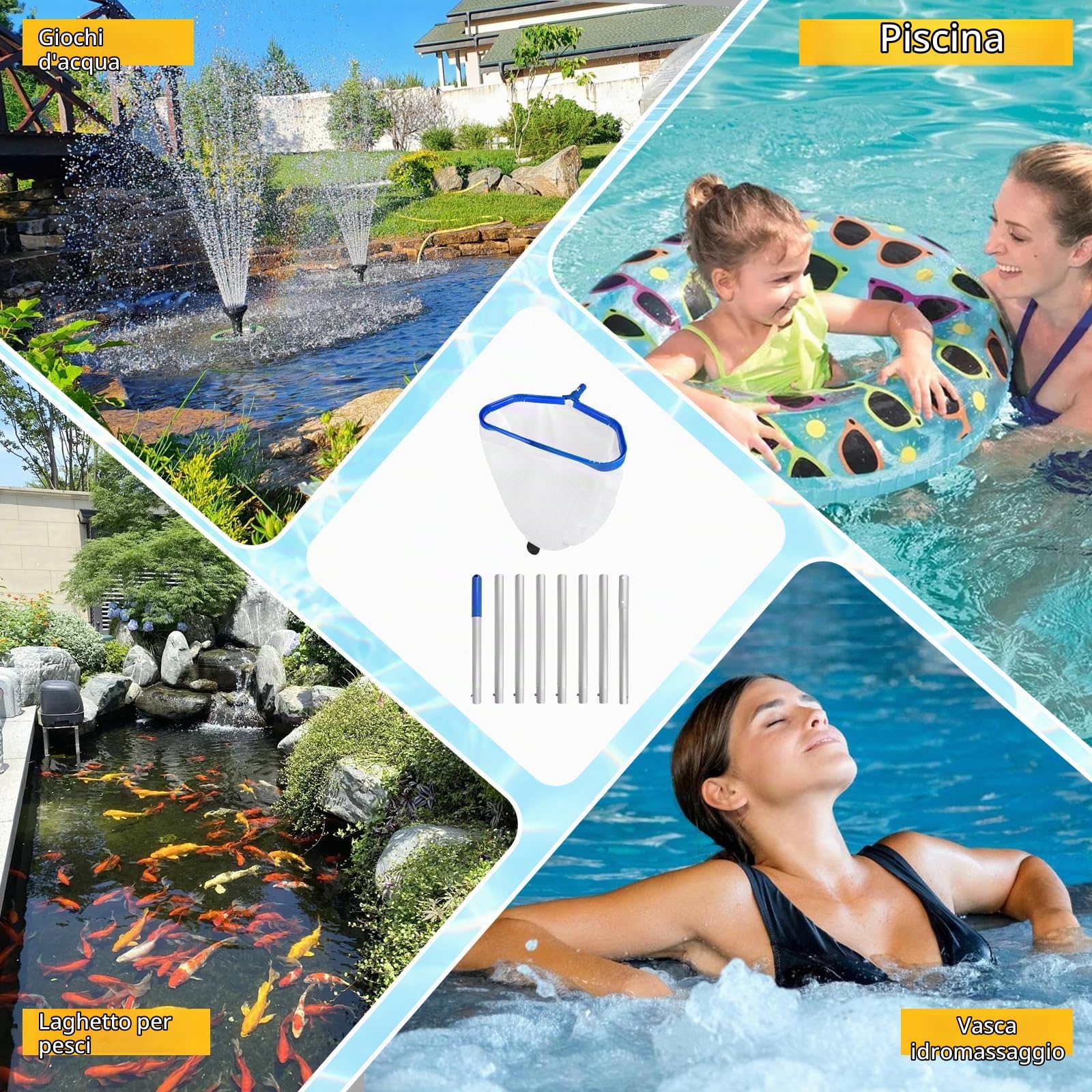 Épuisette pour Piscine, Filet de nettoyage avec Manche réglable 2,8m épuisette pour étang à Double couche, Filet Profond pour Piscine - Type B (Cadre Bleu Aluminium, Filet Fin Blanc Profond)