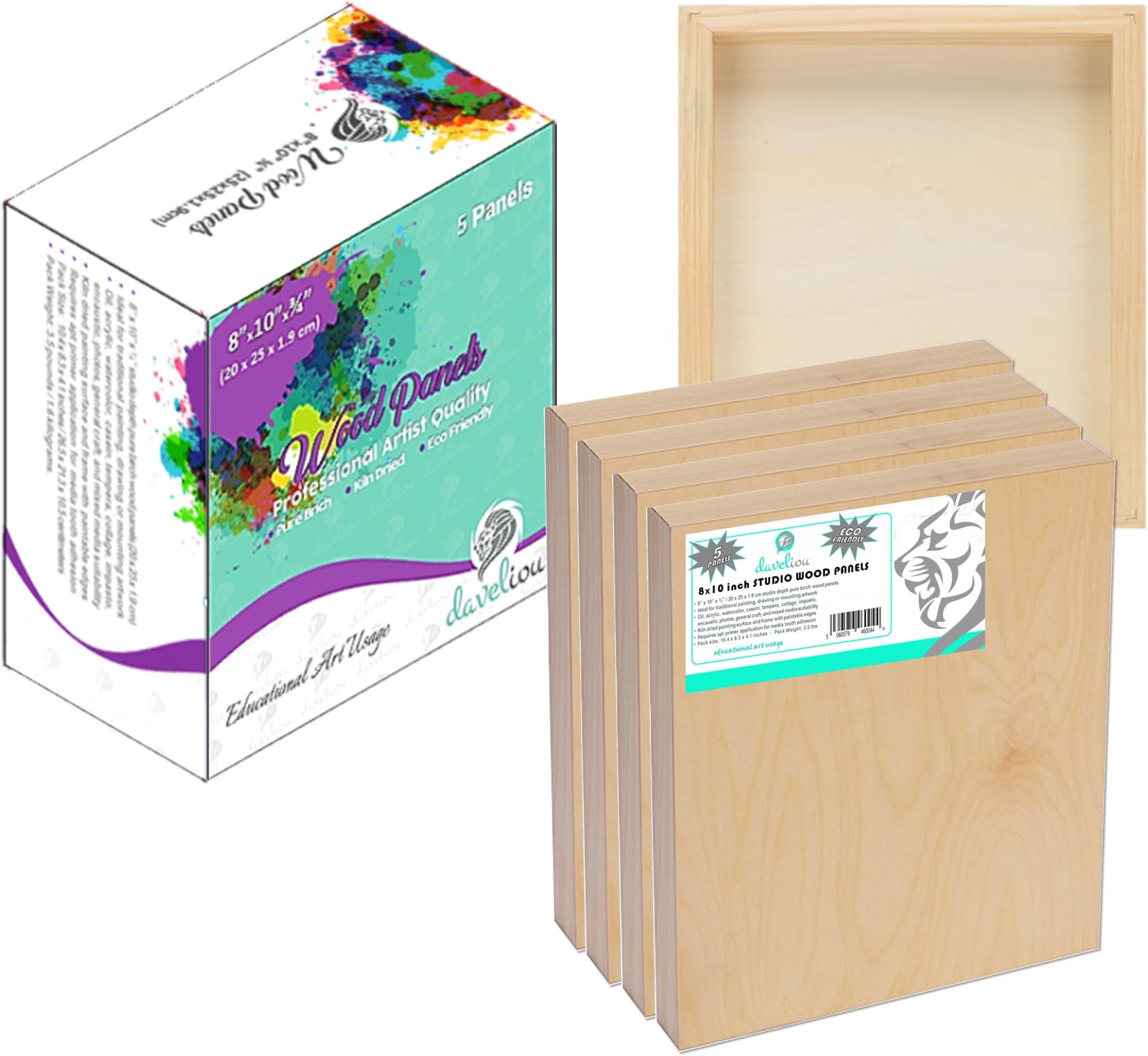 Daveliou 8”x10” Wood Canvas Boards for Painting, Arts, Crafts, Wood Burning, Shadowbox, Oils, Acrylics, and More (5 Pack)