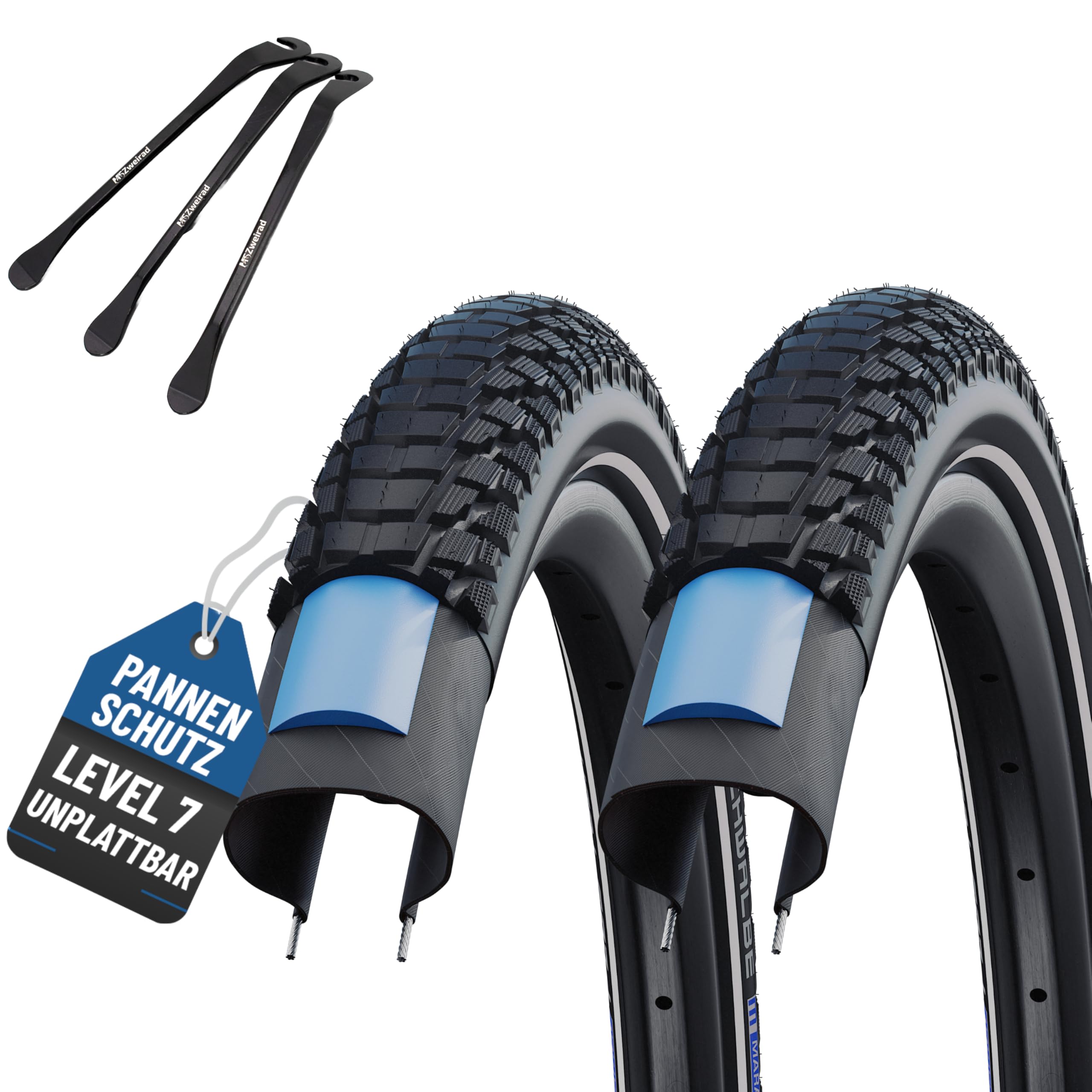 2er Set Schwalbe Reifen Marathon Plus Tour 2022 Smart Guard 28x1,40 Zoll (37-622), 28x1,50 (40-622) oder 28x1,75 (47-622) Schlauch wählbar + Reifenheber (Ohne Schläuche, 28x1,50 Zoll (40-622))