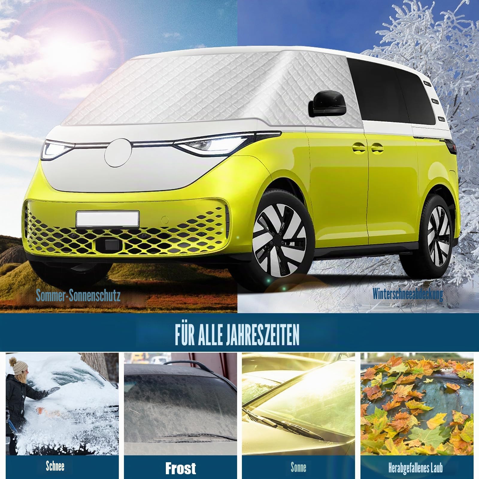 Frontscheibe für VW ID Buzz 2022-2026, Silberfarbene Außenabdeckung für die Windschutzscheibe, Frost- und Schneeschutzabdeckung