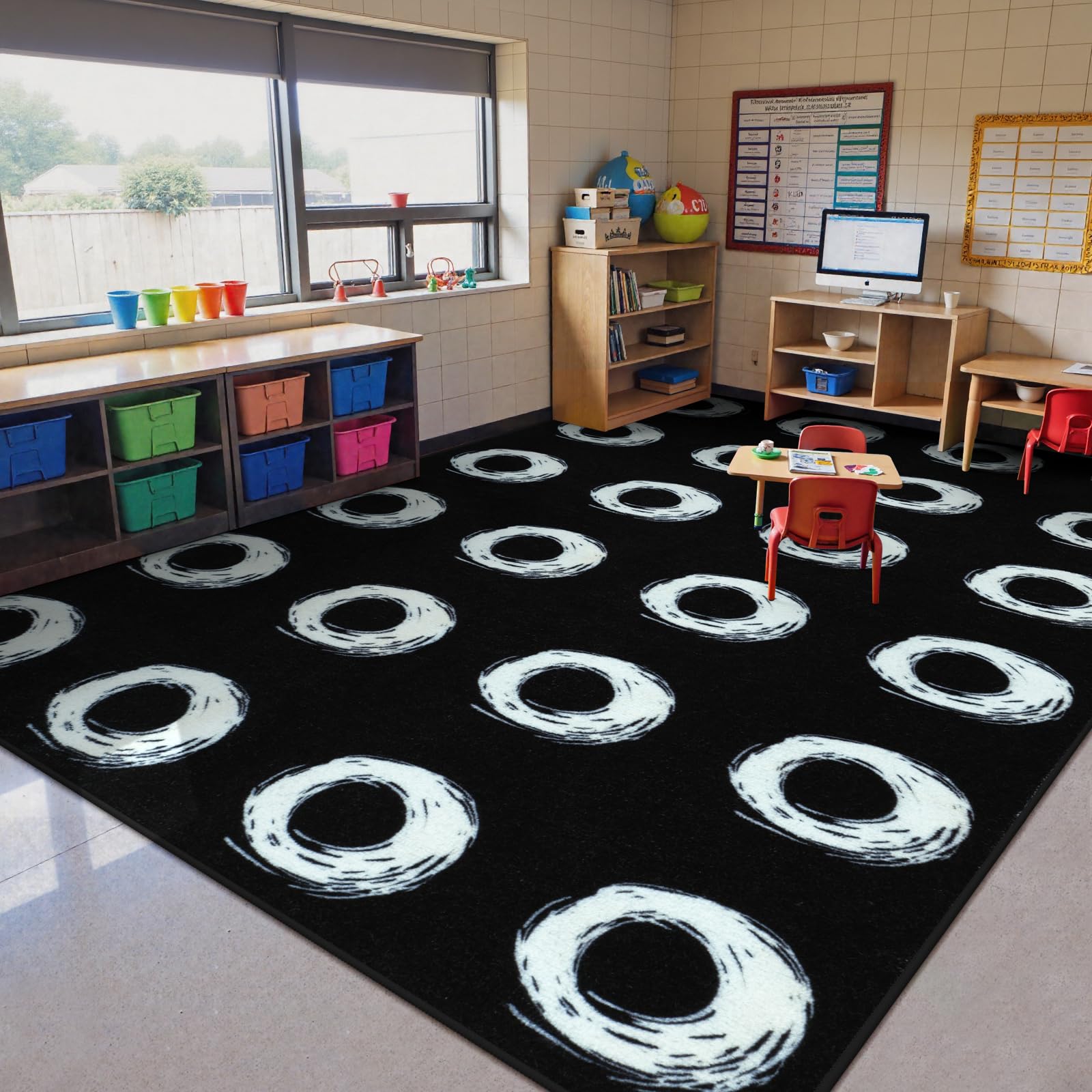 STARUIA Classroom Rugs Elementary with Abstract Circle, 6x8.4 Large Classroom Rug for Preschool Nursery Daycare, Non-Slip Classroom Carpet Play Carpet for Teaching and Playroom, Seats 20, Black