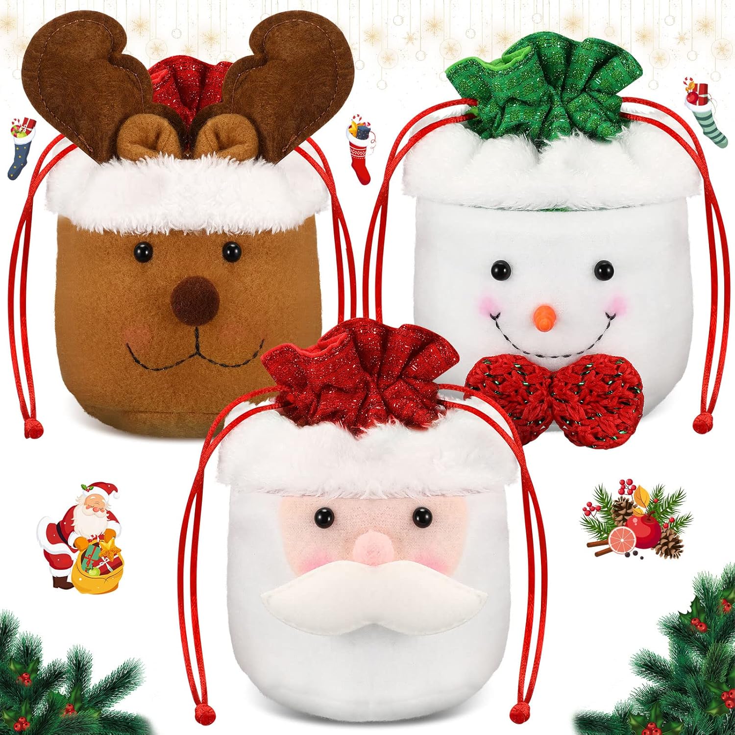 LEIFIDE 3 Pcs Christmas Gift Doll Bags with Drawstring 3D Xmas Candy Apple Bags