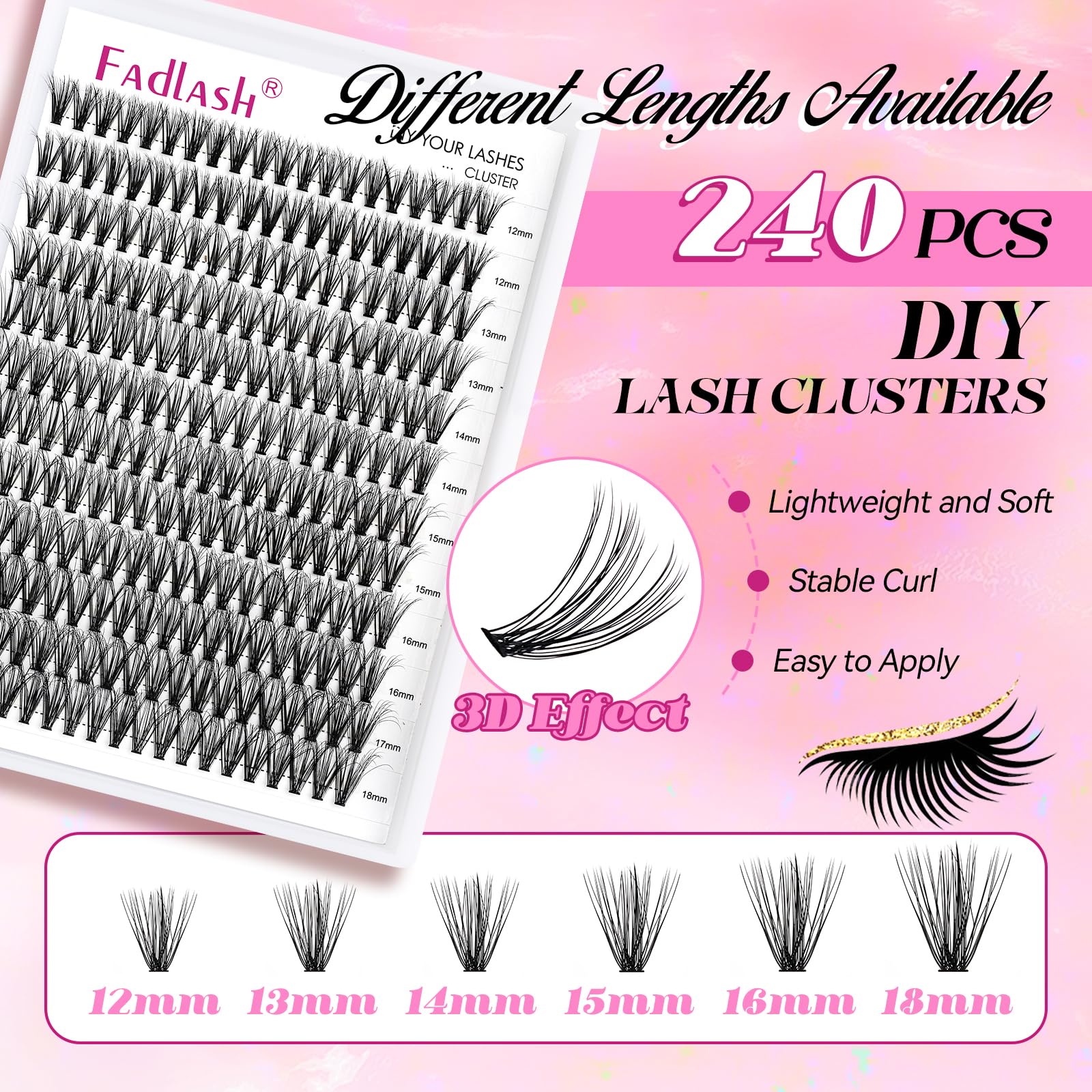 FADLASH Individual Cluster Lashes Large Tray 30D 0.07 D Curl 12-18mm 3D Russian Lashes Fluffy Wispy Natural DIY At Home - Image 2