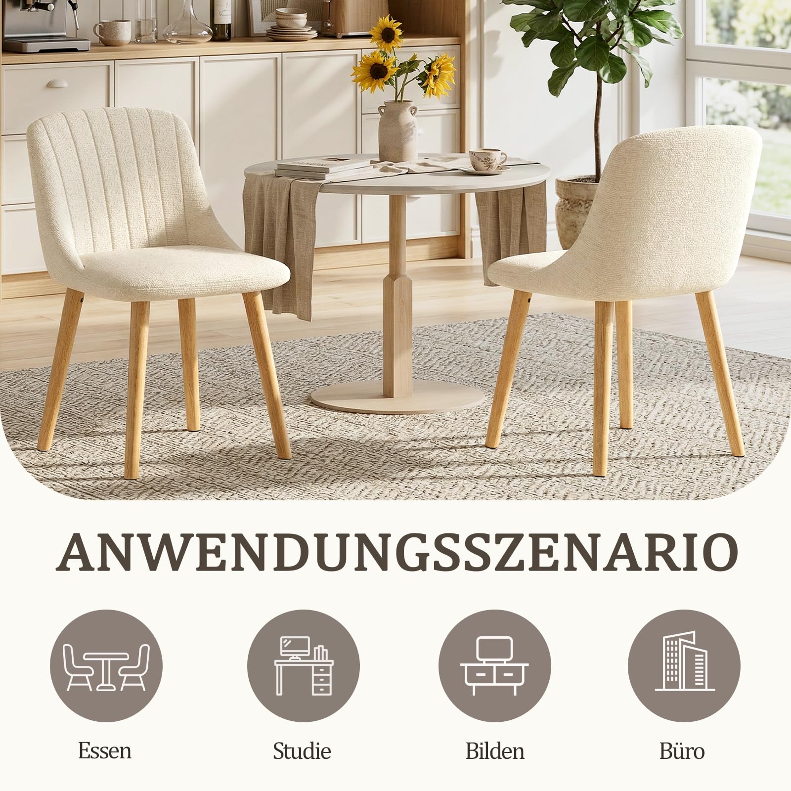 Lot de 6 Chaises de Salle à Manger Blanches avec Pieds en Bois, Chaises Rembourrées en Tissu Chenille, pour Cuisine, Salle à Manger, Salon et Bureau