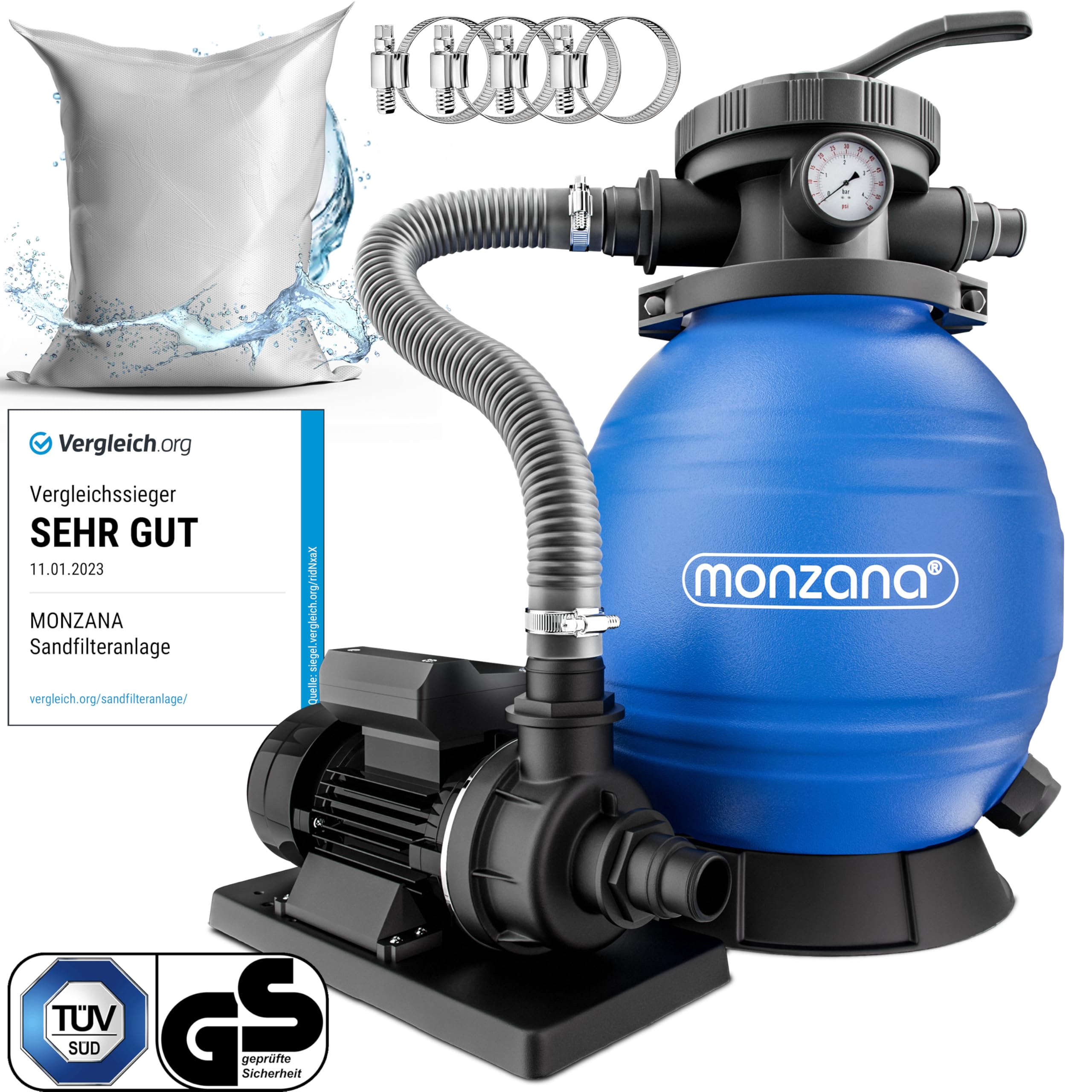 MONZANA® Depuradora Piscina 10.200L/h Filtro de Arena hasta 35.000L incl. Vidrio Filtrante Válvula 7 Funciones Filtrado 450W Adaptador Ø32-38mm Bomba Indicador de Presión