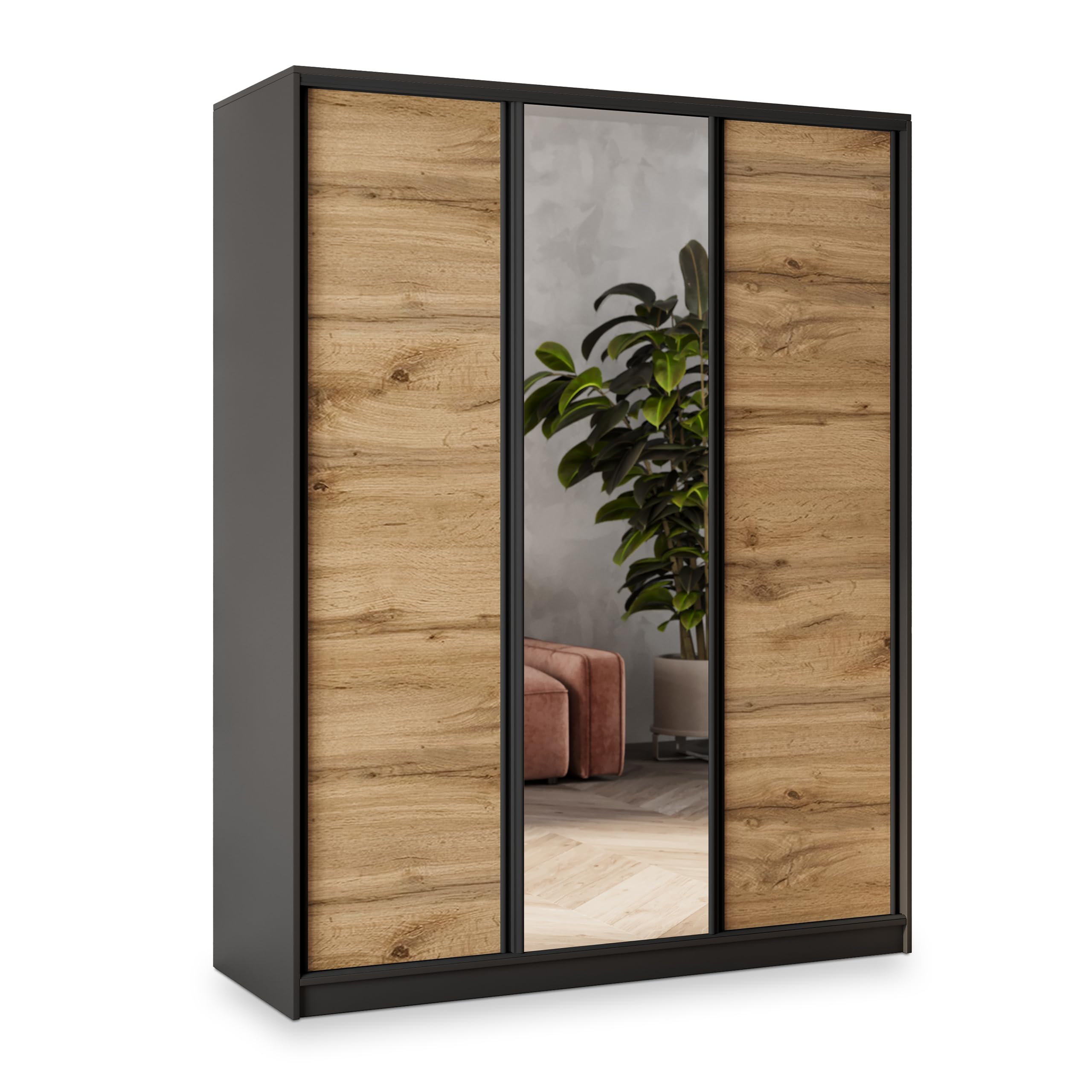Masseno Schwebetürenschrank Sore 150/205/58 cm Kleiderschrank mit 4 Schubladen Schlafzimmer Schiebetürenschrank 3-türig mit Spiegel Schwarz/Eiche Wotan
