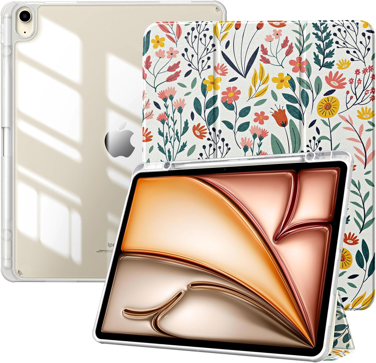 TiMOVO Case for New iPad Air 13 inch (M4/M3/M2-2026/2025/2024) with Pencil Holder, Slim Stand Protective Cover with Clear Transparent Back Shell for iPad Air 13 inch, Auto Wake/Sleep, Flowers