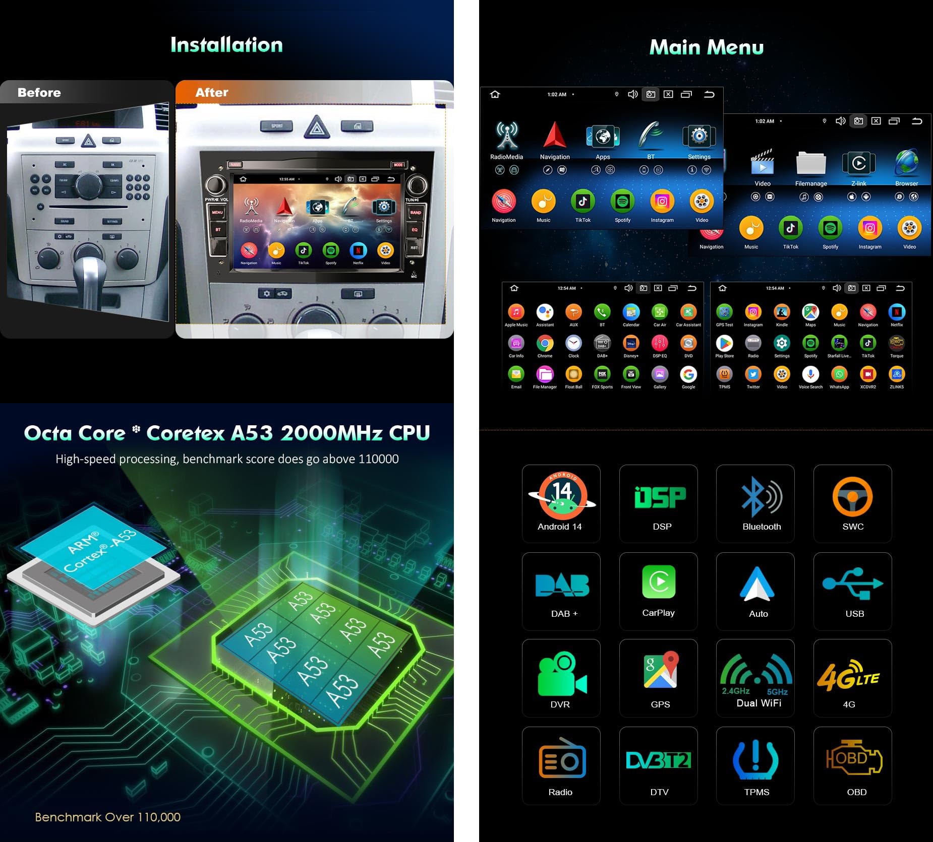 Erisin Radio samochodowe z systemem Android 14, Bluetooth GPS, nawigacja do Opel Antara, Astra Corsa C/D, Vectra Meriva, Signum, Vivaro, Zafira, Combo 7 cali, IPS Wireless CarPlay Android Auto DAB+