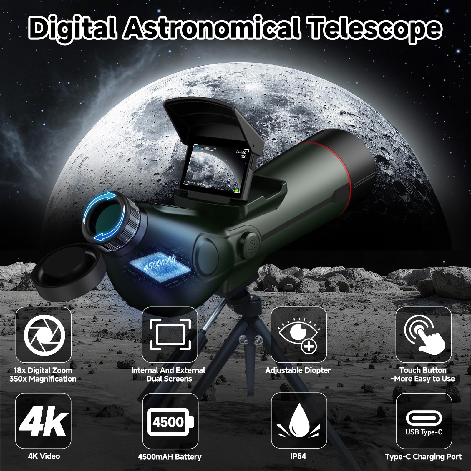 Telescopio, refractor profesional, enfoque automático, telescopios electrónicos digitales portátiles con cámara de astrofotografía 4K, pantalla dual interna y externa para adultos y principiantes