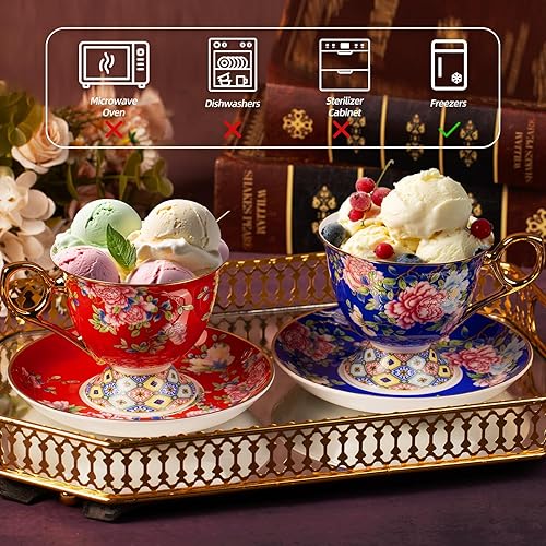 Miniatura 6 de KAMMAK Juego de 2 tazas de té y platillos, taza de café de porcelana con platillo para expreso, capuchino, taza de cerámica vintage de 9.8 onzas