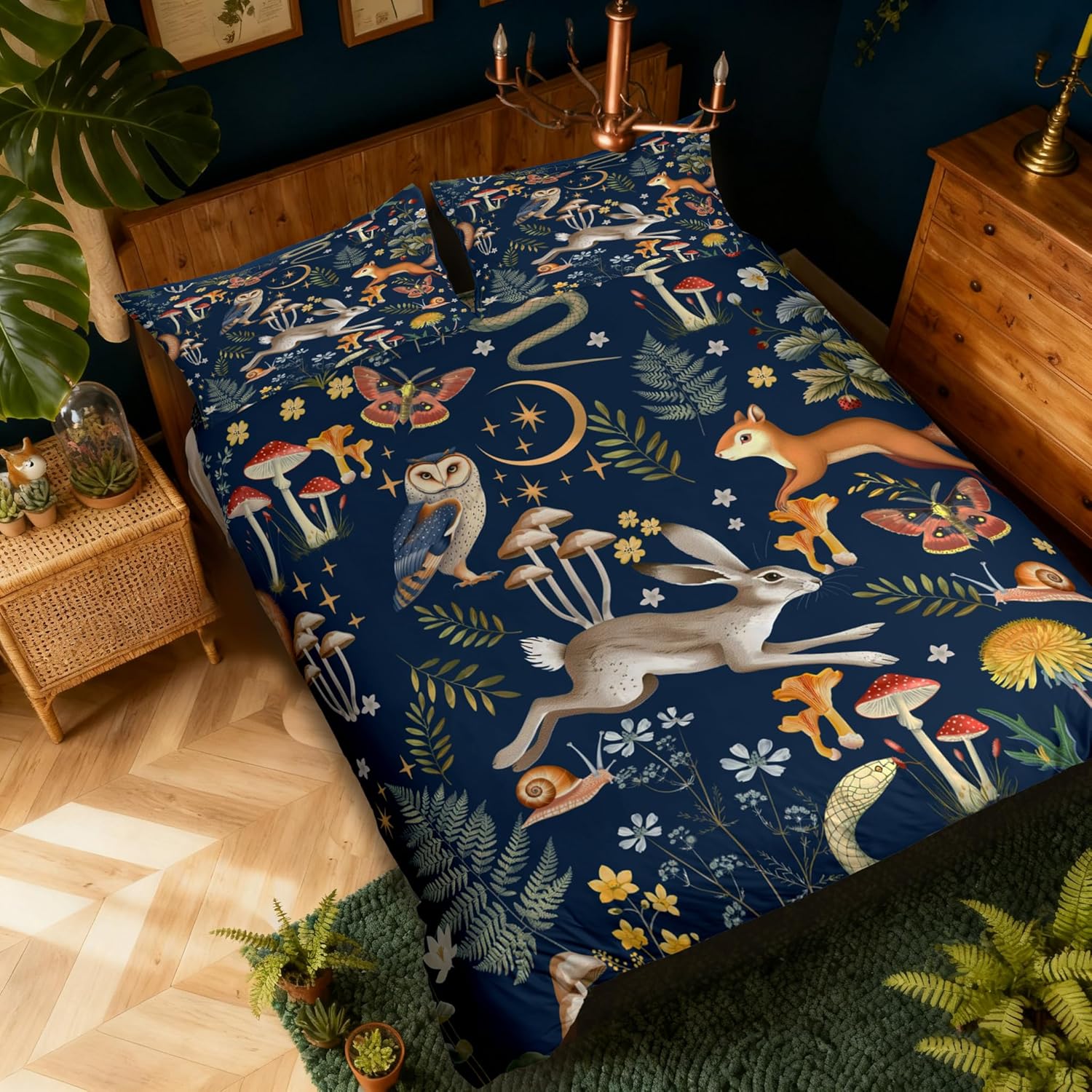 Wild Mushroom Duvet Cover Queen,Owl Fox Rabbit Palm Leaf Bedding Set 3pcs for Kids Girls Boys Room Decor,Star Moon Flower Plants Animals Comforter Cover Boho Colorful Quilt Cover with 2 Pillowcases