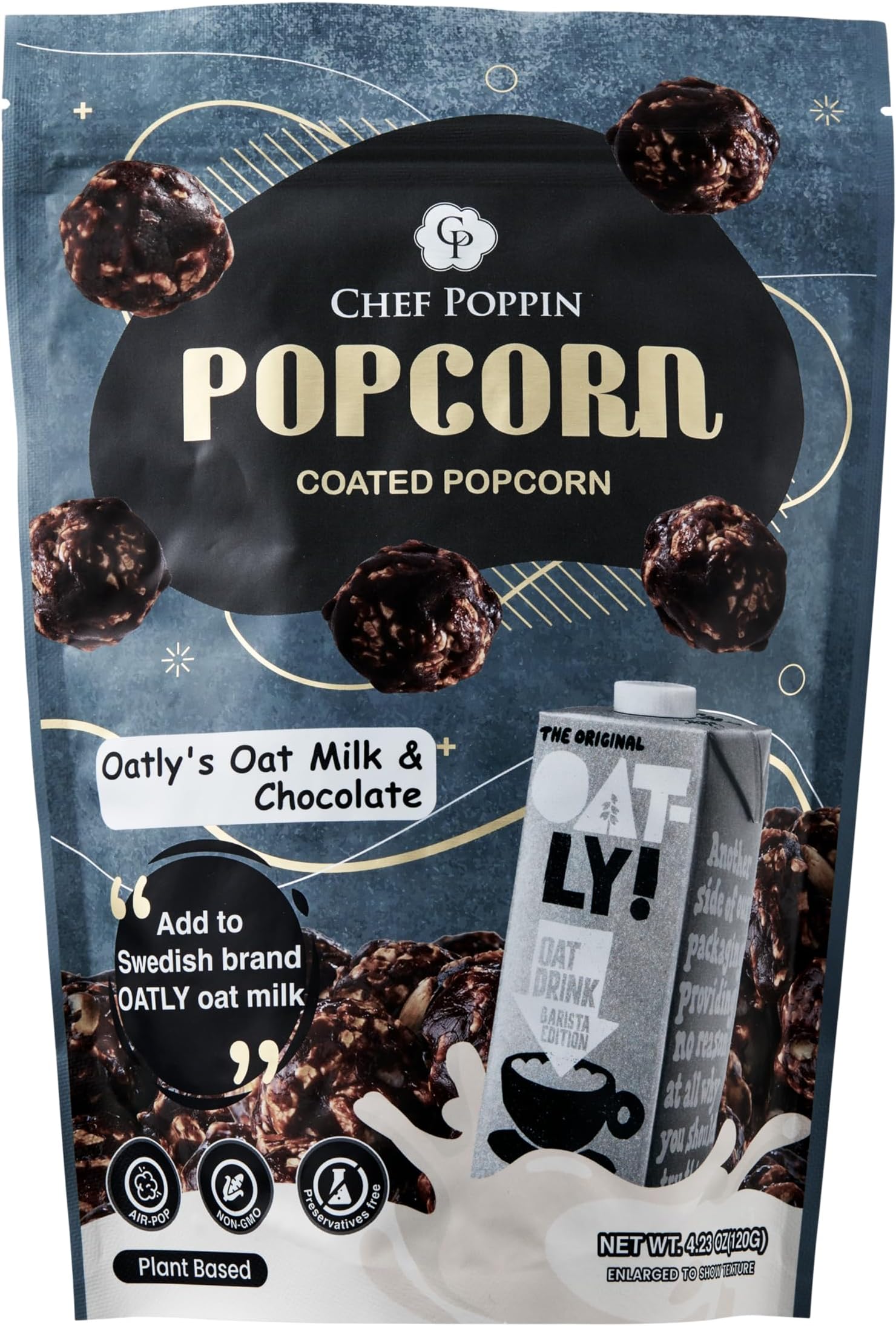 CHEF POPPIN Asian-Style Gourmet Flavored Popcorn, Non-GMO Corn, All Natural, Oatly's Oatmilk & Chocolate 120g, 4.23 oz
