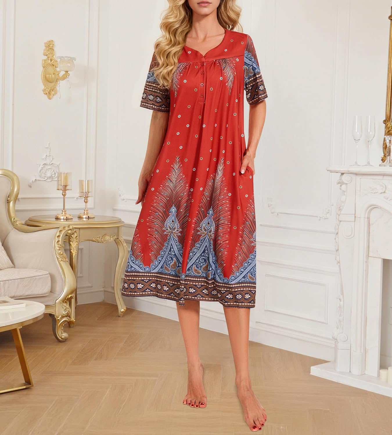House Dresses for Women Floral Print Mumu Nightgowns Sleepwears with Pockets Lounge Dress - Image 6