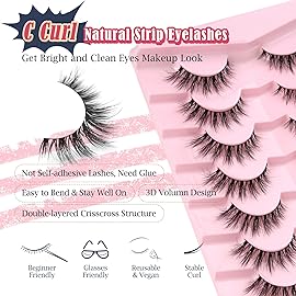 Siligli 15mm 3D Volume Strip Wispy False Natural Cat Eyelashes, Thin Cotton Band, Soft Fake Lashes, Black, Pack of 7 Pairs