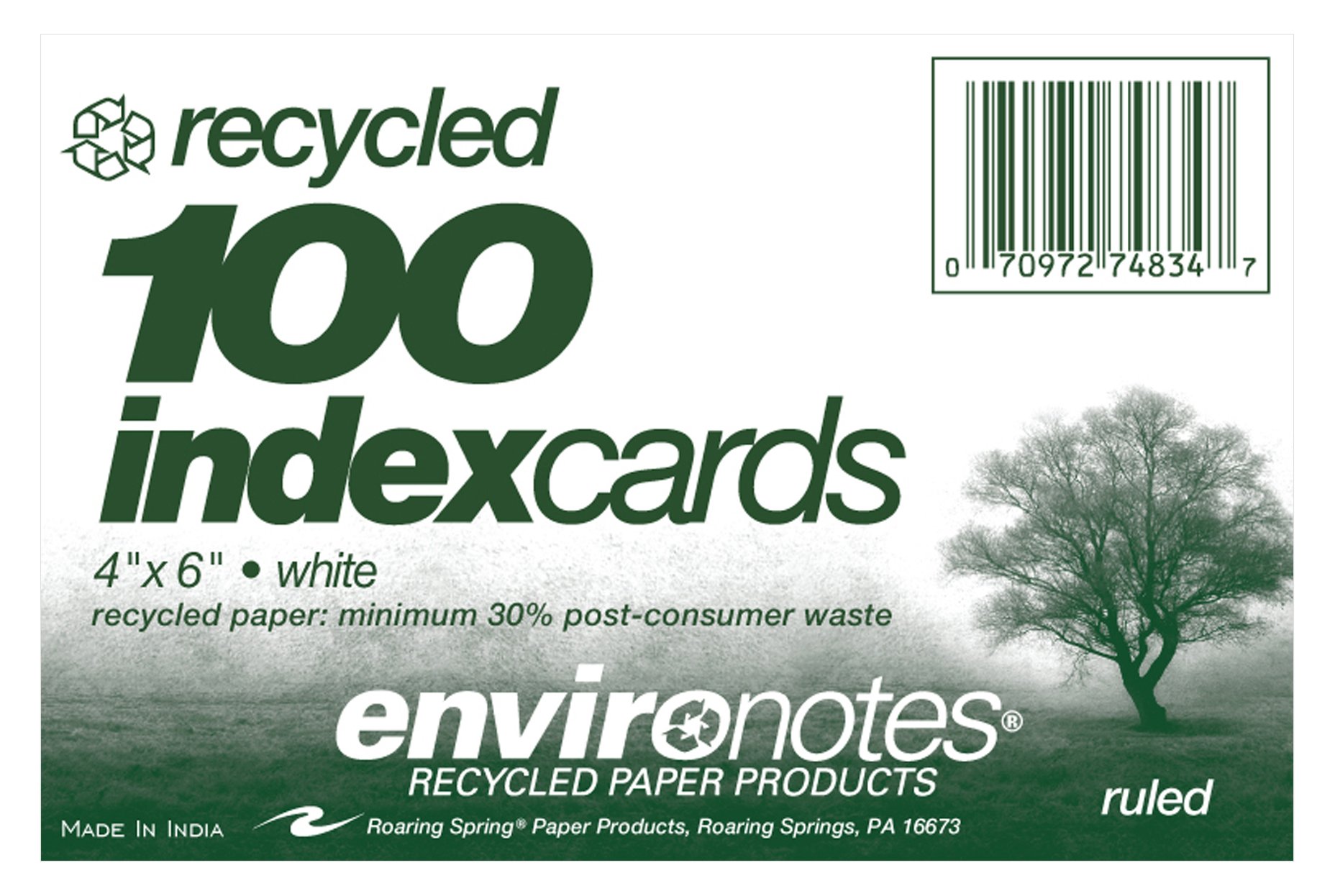 Roaring Spring Recycled Index Cards 4"x6", 100 Count, Smooth 100# White Recycled Index Paper, Ruled on Front, Blank on Back