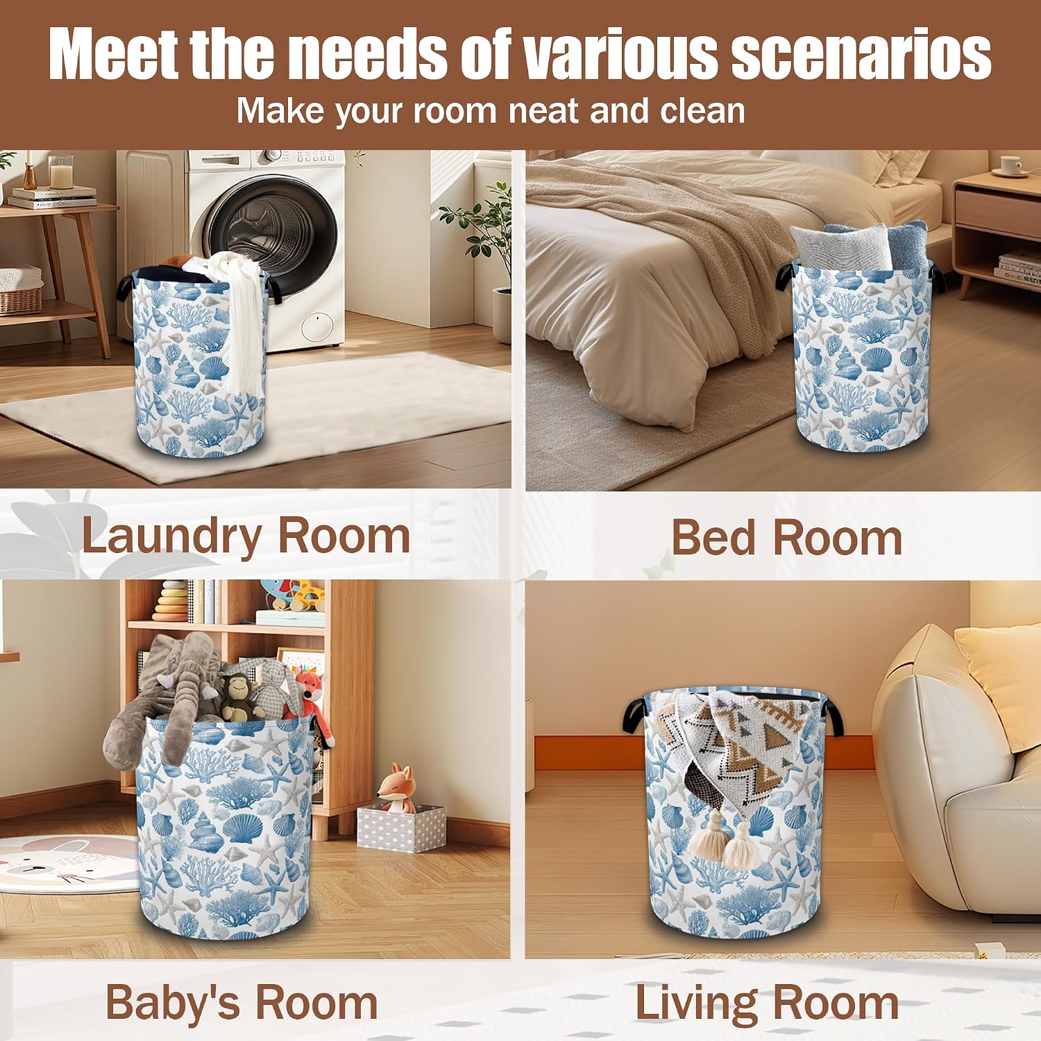 Laundry Basket Coastal Beach Collapsible Laundry Baskets Waterproof Oxford Cloth with Handles,Seashell Starfish Hamper Clothes Storage Bucket Toy Organizer for Bathroom/Bedroom/Laundry 16" x 20.8"