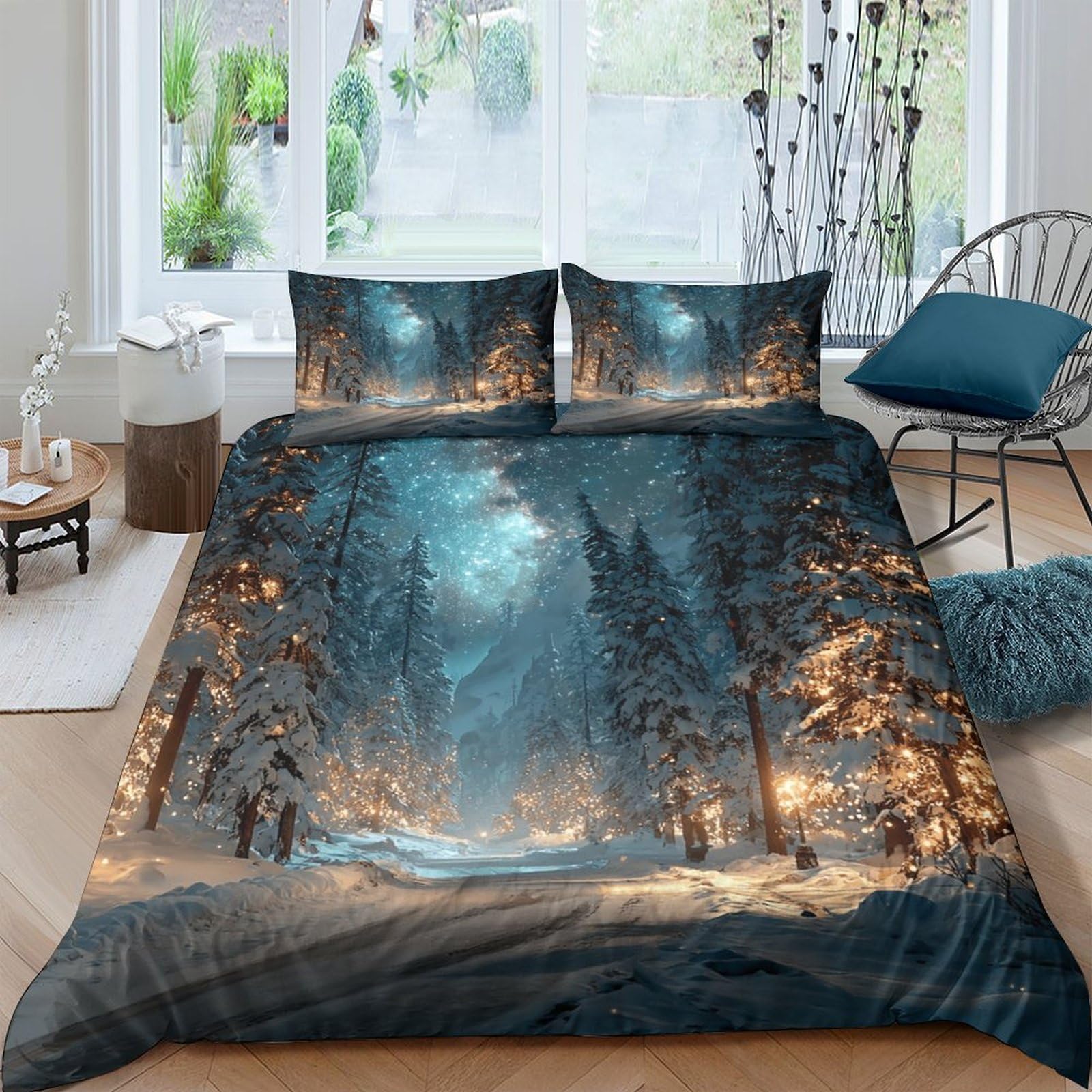GPLZQXKJNH 3D Printed Winter Forest Duvet Cover Microfiber Bedding Set with 2 Pillowcases, Moonlight Night Quilt Cover for Bedroom Home Decor Single（135x200cm）