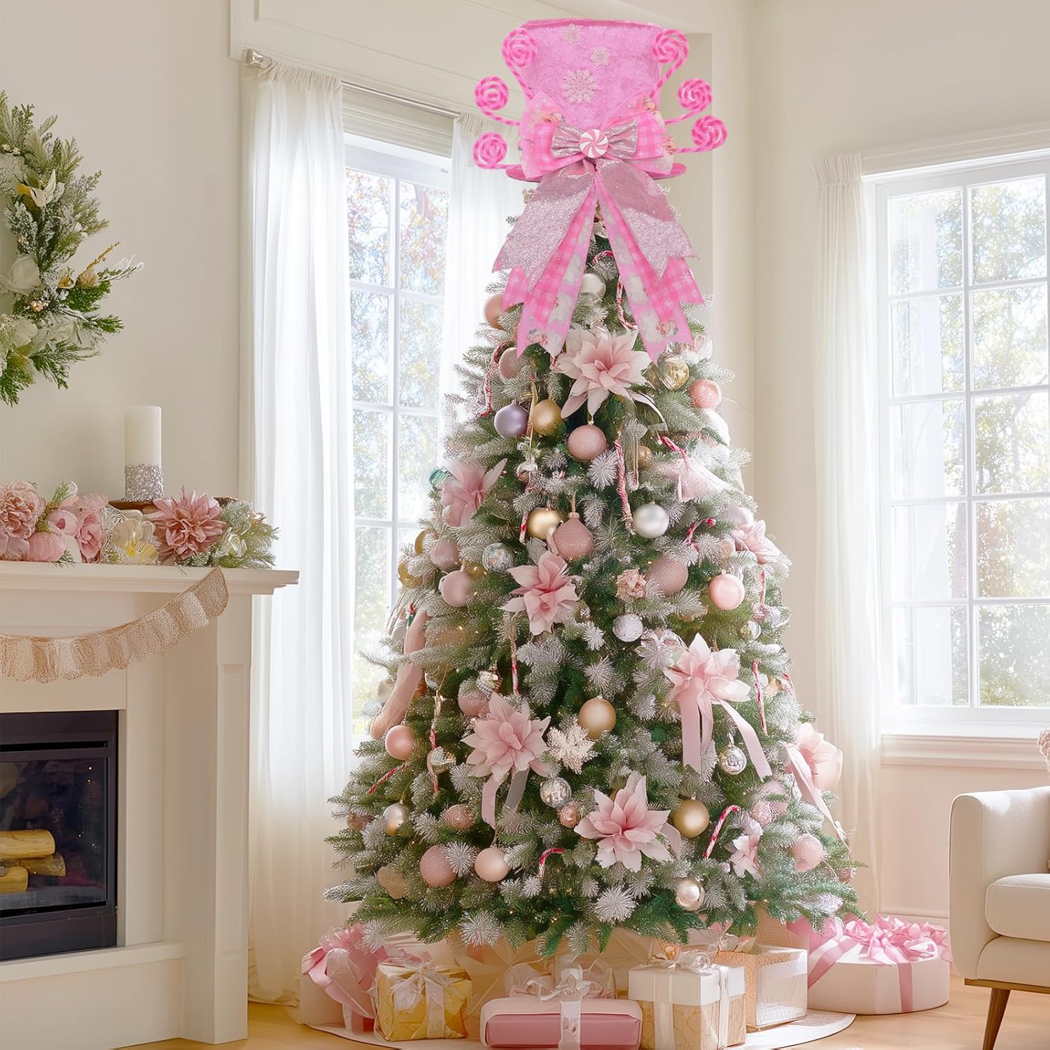 Christmas Tree Topper Hat with Bow, Candy Cane Velvet Top Hat Ornament with Pre-Tied Pink Wired Bow, Winter Holidays Xmas Decor for Home Decoration