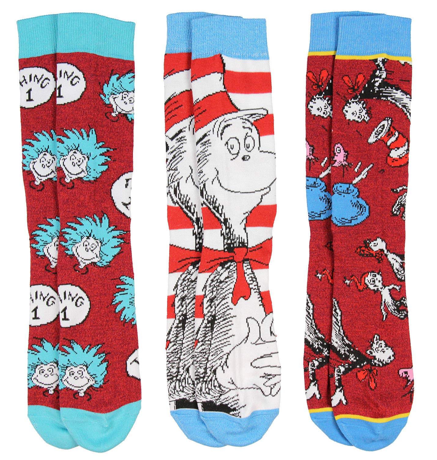 Dr. Seuss Skarpety dorosły kot w kapeluszu Thing 1 Thing 2 Character Design 3-pak skarpety do połowy łydki