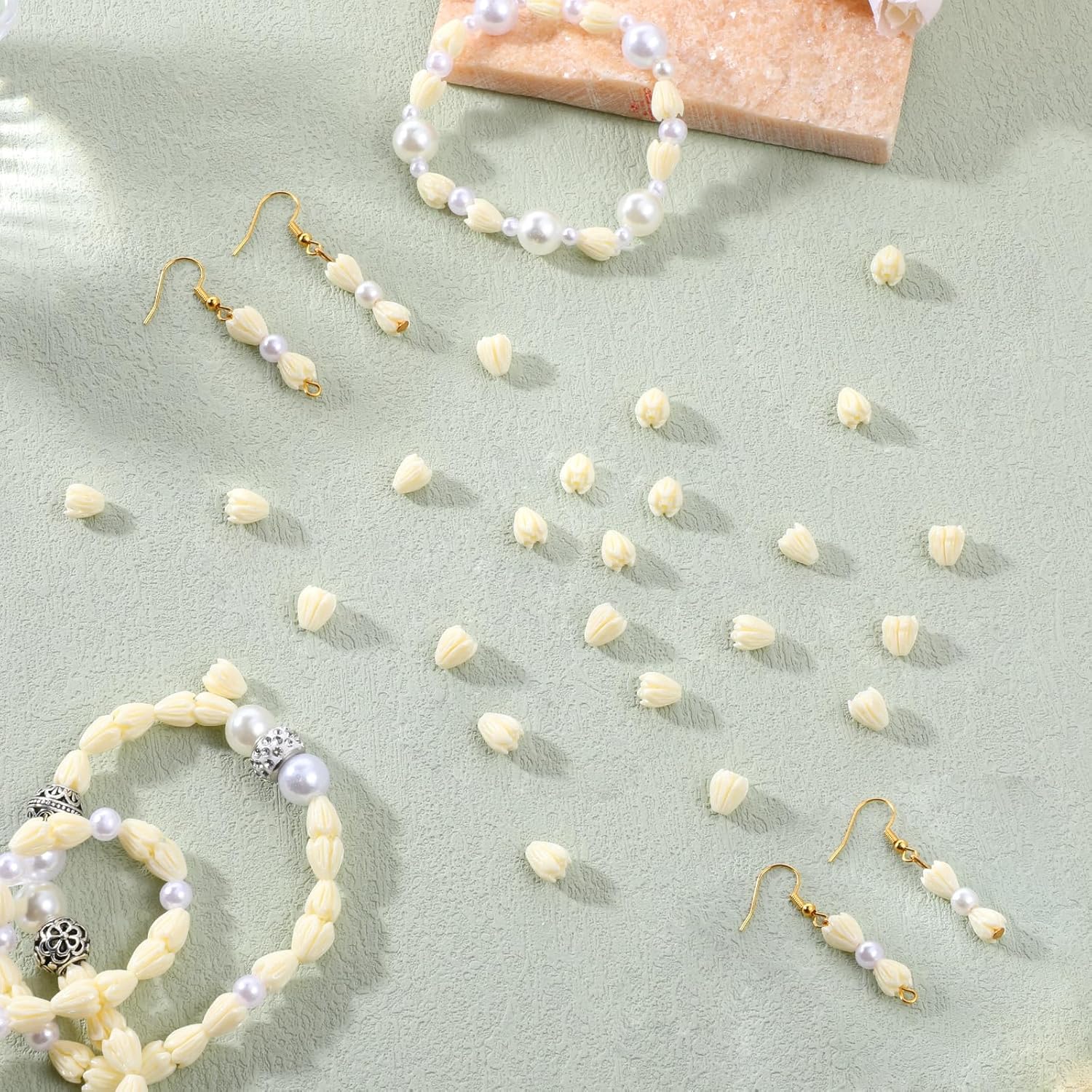 98 PCS Jasmine Flower Beads Beige Coral Flower Shell Beads for Making Crafts Necklace Earring Wedding Crown Flowers Decors (Beige, 8.5 X 7 mm) - Image 5