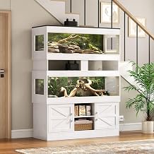 Dual 60 Gallon Reptile Tank with Stand,Reptile Enclosure,Bearded Dragon Tank,Reptile Terrarium with Cabinet,Sliding Doors,Power Outlet for Snakes,Lizards,Crested Geckos White CAGE003E