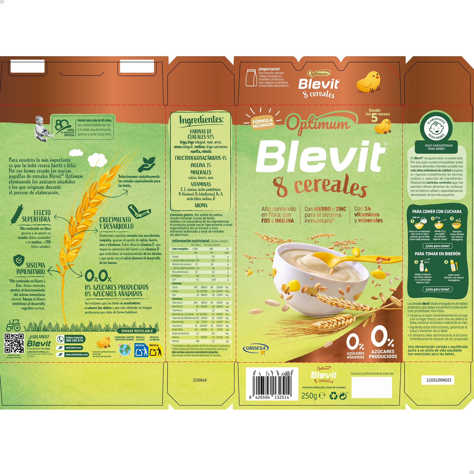Blevit Optimum 8 Cereales 250g Papilla Bebé 5 meses 92% Cereales Vitaminas Minerales Fibra