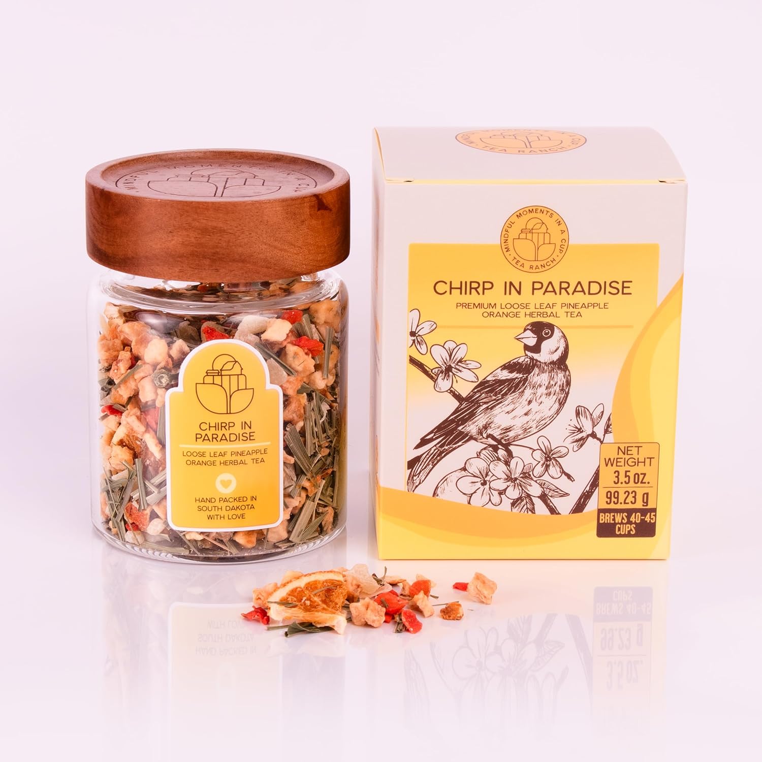 Tea Ranch – Chirp in Paradise Pineapple Orange, Loose Leaf Tropical Fruit Herbal Tea, Premium Blend, Naturally Caffeine‑Free Herbal, Enjoy Hot or Iced & Brews Up to 45 Cups, 3.5 oz Reusable Glass Tea Jar with Acacia Wood Lid