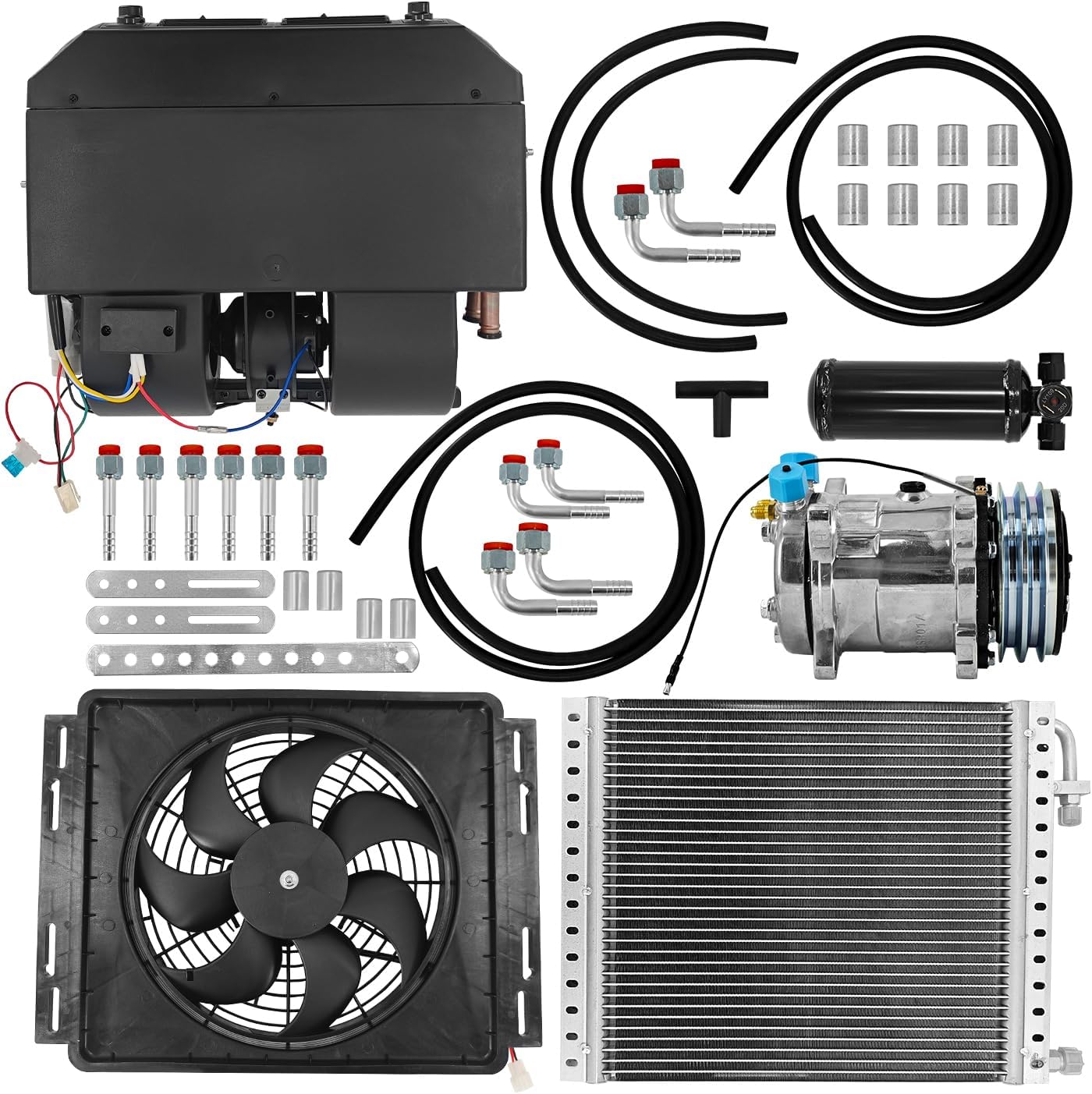 12V A/C Compressor Condenser SD508, Condenser Fan, Evaporator Unit (18.000BTU) Receiver Drier, Hoses and Fittings for cars, Trucks, RVs, Universal Under Dash Air Conditioner Cooling Heating