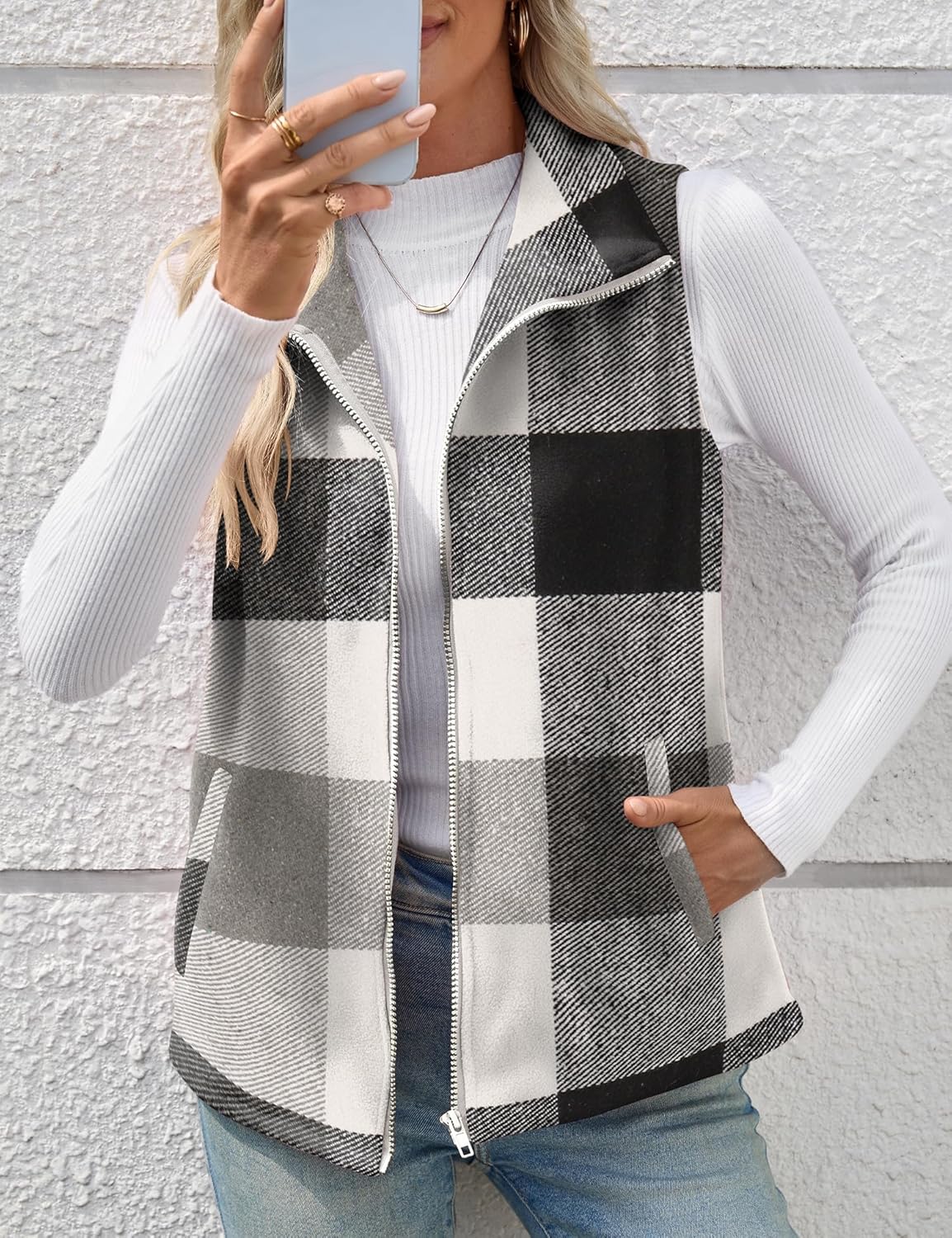 Rapbin Women's Plaid Outerwear Vests Tops Zip Up Collared Sleeveless Jacket with Pockects - Image 2