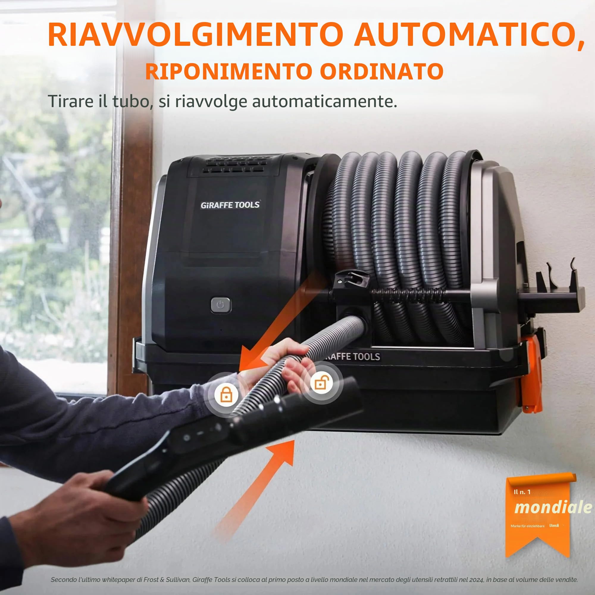 Giraffe Tools Grandstorm Aspirapolvere estensibile con tubo flessibile da 10 m, resistente alla flessione, a parete, con 6 ugelli, per la pulizia del garage, telecomando, nero