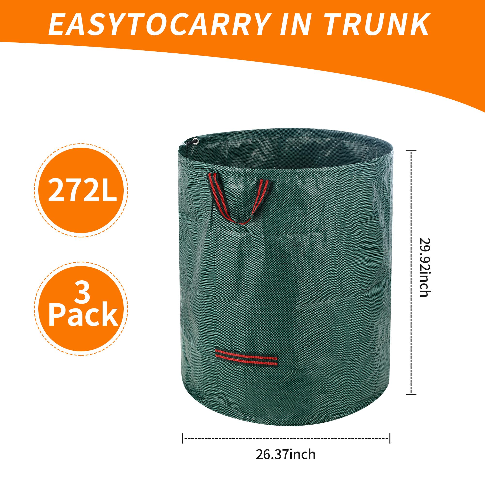 3 Piezas Bolsa Basura Jardin, 272 L Bolsa Jardin, Bolsas de basura de jardíncon asa, Plegable, Reutilizable, Adecuada para hojas, Restos de poda y residuos de plantas