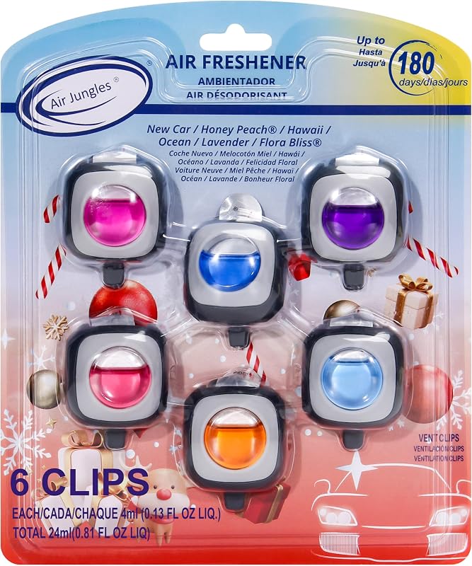 Clip para ambientadores de auto Air Jungles, 6 unidades, paquete variado de clips de ventilación | Aceite esencial natural, accesorios de fragancia para automóviles para mujeres y hombres, eliminador de olores, 4 ml cada uno