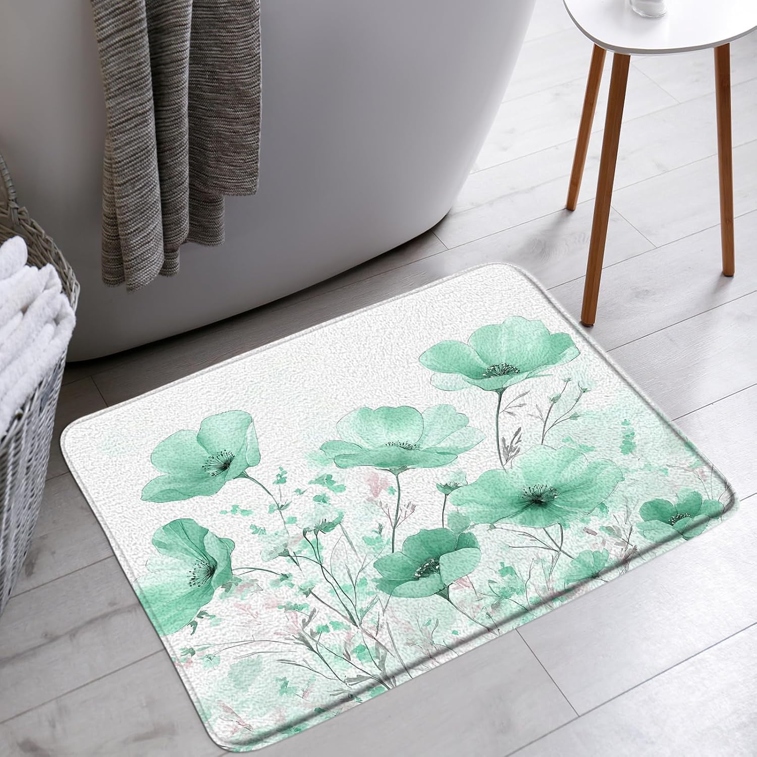 Sage Green Floral Bath Mat Watercolor Flower Spring Summer Wildflower Plant Botanical Modern Bathroom Bathtub Floor Rugs Doormat Toilet Decor,24 x 70 in