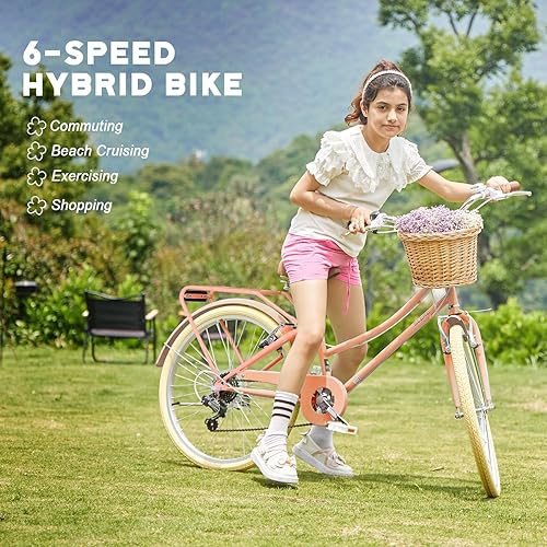 Miniatura 2 de Glerc 20 24 26 Inch Beach Cruiser Bike, 6-Speed Hybrid City Bicycle for Girls Youth and Over 6 Years Old, Missy Bike with Wicker Basket &