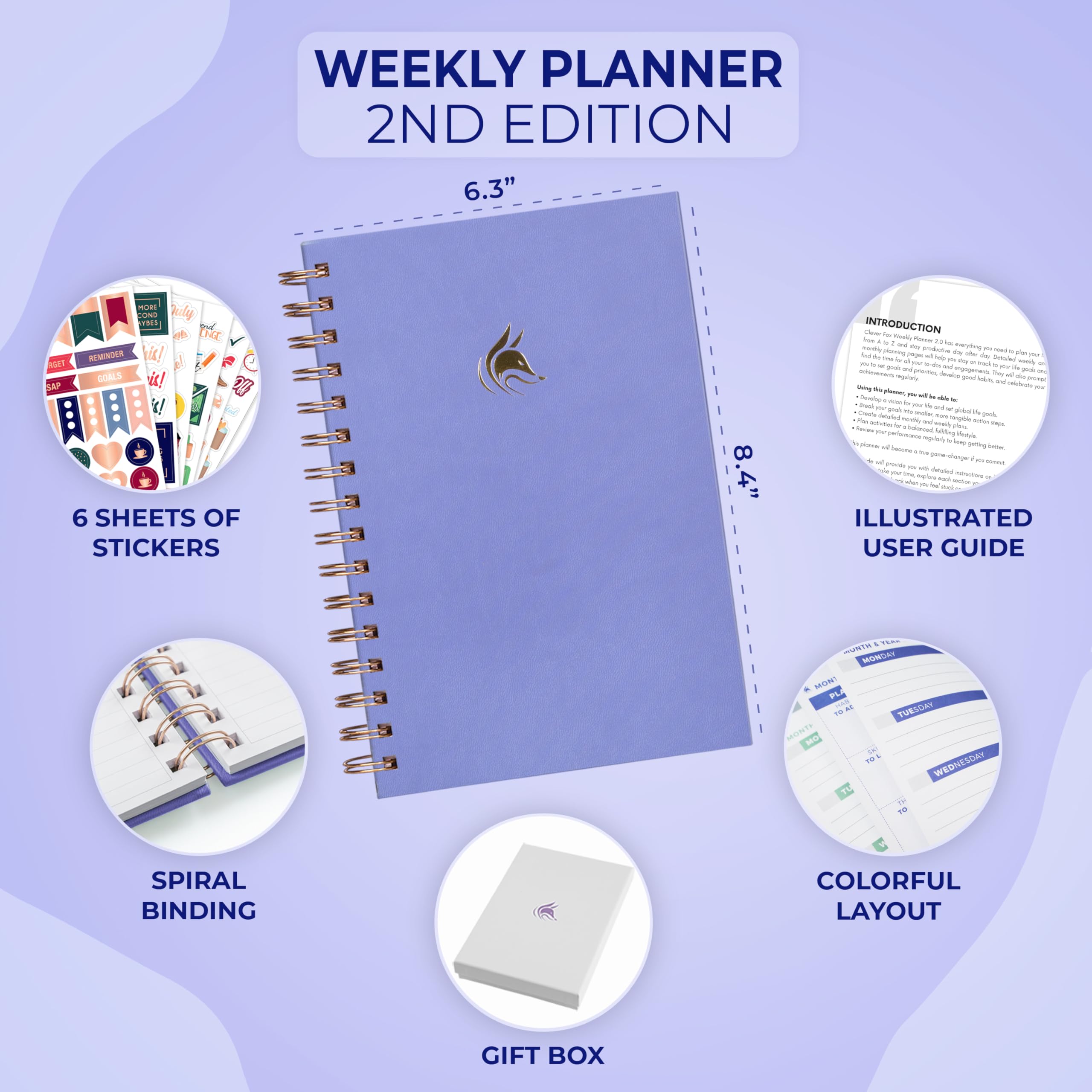 Clever Fox Planner 2a edizione a spirale – Pianificatore settimanale e mensile per obiettivi colorati, gestione del tempo e produttività, senza data (lavanda)