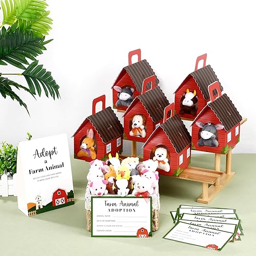 Miniatura 2 de Juego de 73 Piezas de Animales de Granja Recuerdos de Fiesta Mini Juguetes de Granja de Felpa Granero de Cartón Rojo Plegable Tarjetas de Adopción 1