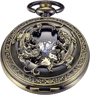 Bronze Men's Antique Mechanical Pocket Watch, Skeleton Mechanical Roman Numerals Pocket Watch with Chain + Box