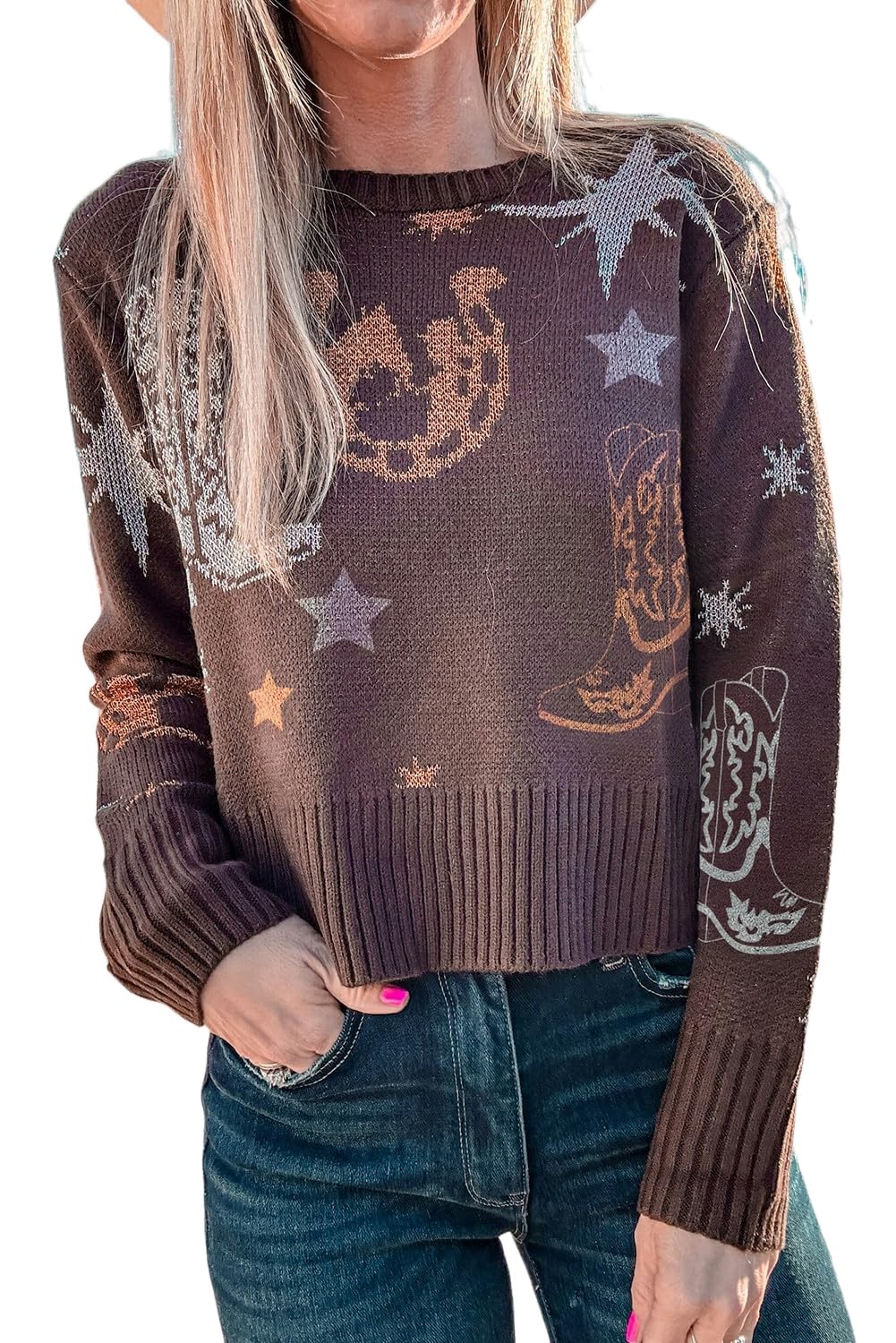 Urchics Womens Western Style Sweater 2025 Fall Winter Fashion Print Casual Pullover Sweater