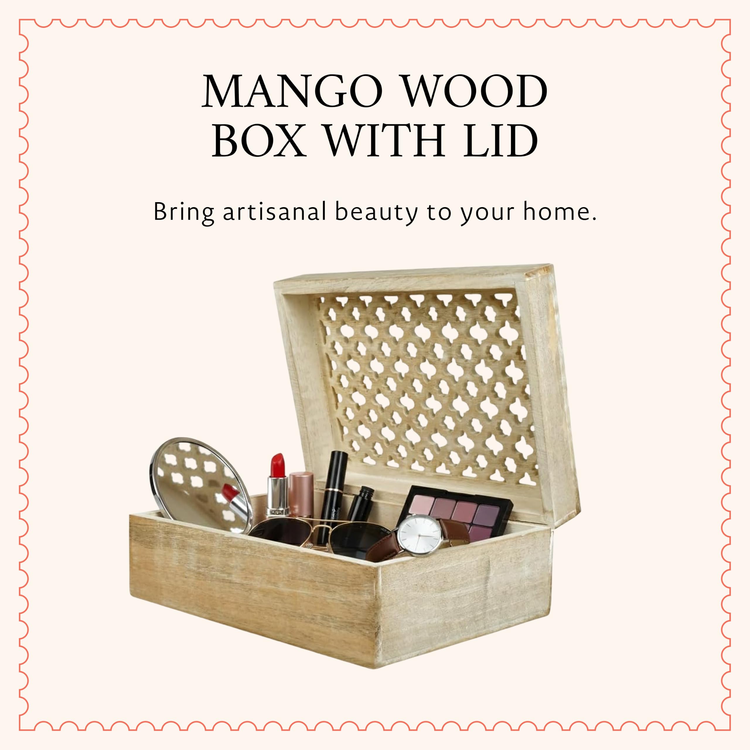 Mela Artisans Aufbewahrungsbox aus Holz mit Scharnierdeckel im Rank-Design – dekorative Holzkiste als Aufbewahrungsbox, Aufbewahrungsbox, 26.7x19.1x10.2 cm, extra groß