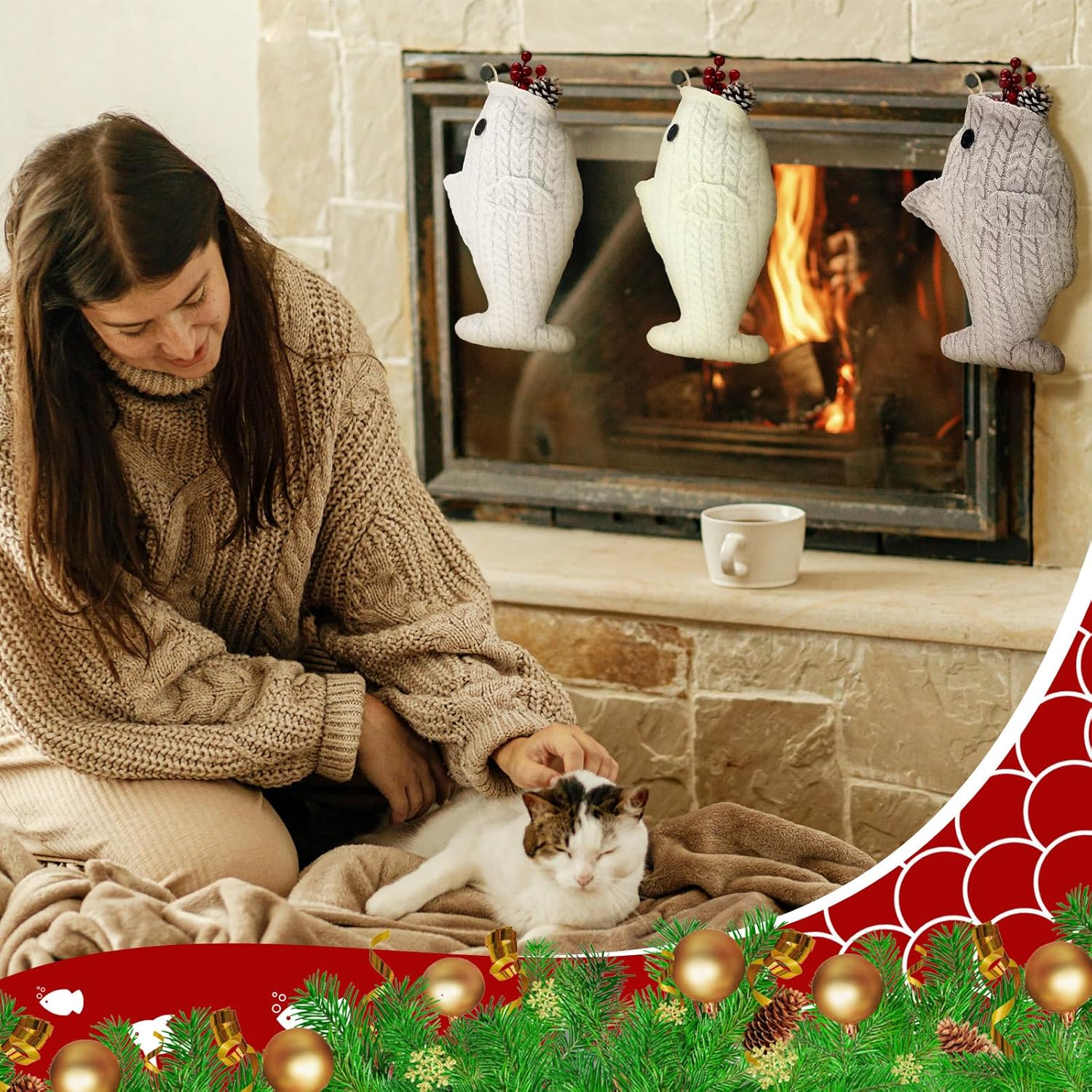 Coume 3 Pcs Cat Christmas Stocking 15.7 in Large Knit Boho Fish Christmas Stocking for Pet Cat Dog Xmas for Fireplace Gift Decor Fish Socking for Holiday Xmas Tree Hanging(Multicolor,Knitting)