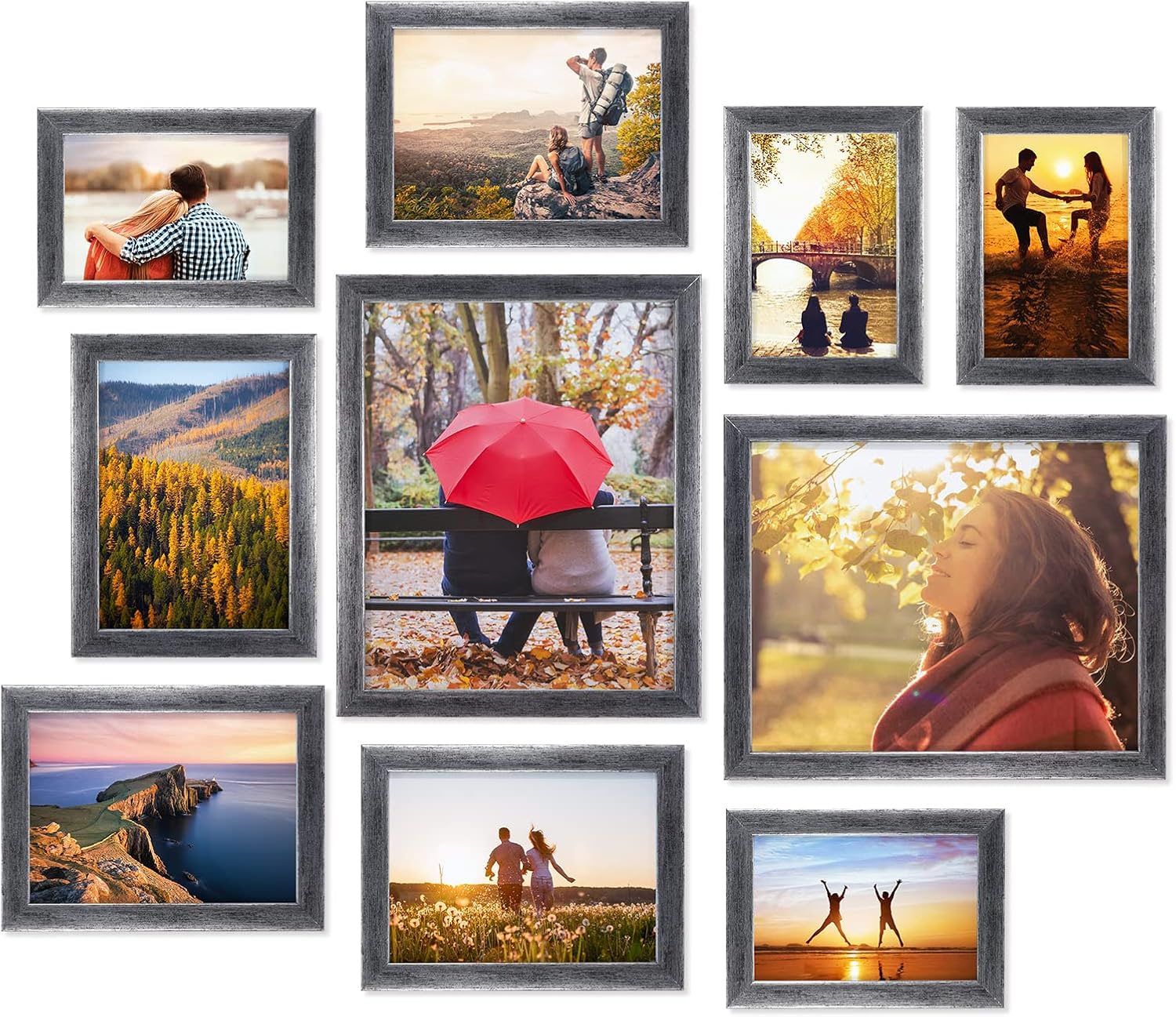 Giftgarden 10-Pack Brown Picture Frames for Multiple Sizes Photos, Four 4x6, Four 5x7, Two 8x10, Multi Assorted Rustic Walnut-Color Frame Collage for Wall or Tabletop