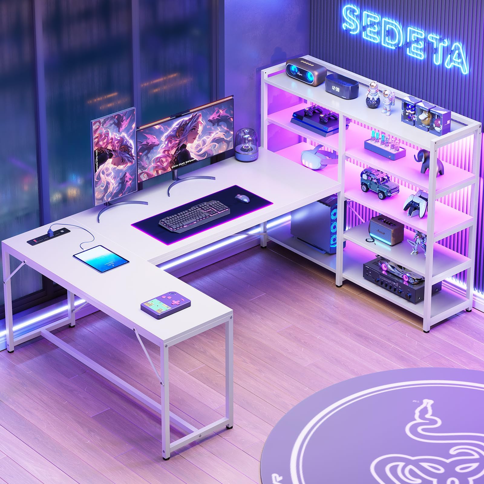 SEDETA White Corner Desk, 64.5” Reversible U Shaped Computer Desk with Power Outlet and Bookshelf, Corner Gaming Desk with LED Lights, Storage Shelves for Home Office