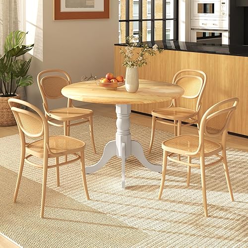 Miniatura 10 de COSTWAY Mesa de comedor redonda para 4, mesa de cocina de 39 pulgadas con marco de madera de goma maciza, almohadillas ajustables para los pies,
