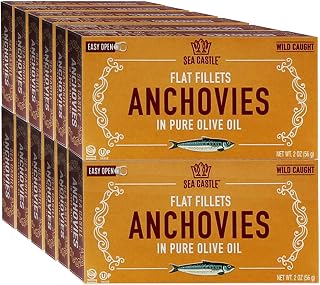 Sea Castle Premium Moroccan Wild Caught Anchovy Flat Fillets in Pure Olive Oil, 2oz Easy Open Kosher Cans (12 Pack)