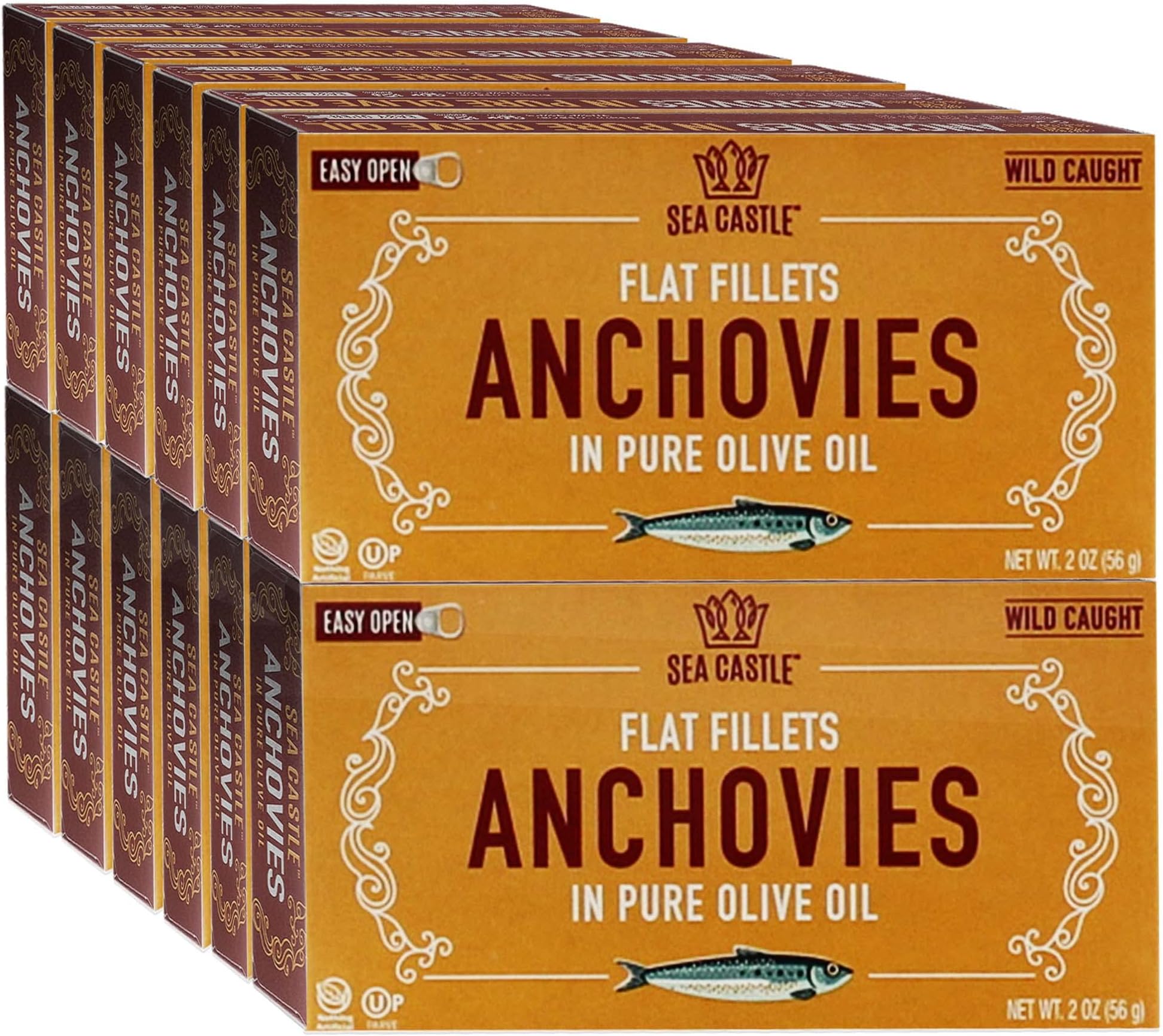Sea Castle Flat Fillets Anchovies In Pure Olive Oil 2 OZ (12 Pack) Wild Caught Fish, Easy Open Can, Kosher