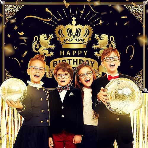Miniatura 4 de Fondo de corona de feliz cumpleaños, decoraciones de fiesta de cumpleaños negro y dorado, suministros de fiesta de rey león dorado, pancarta de