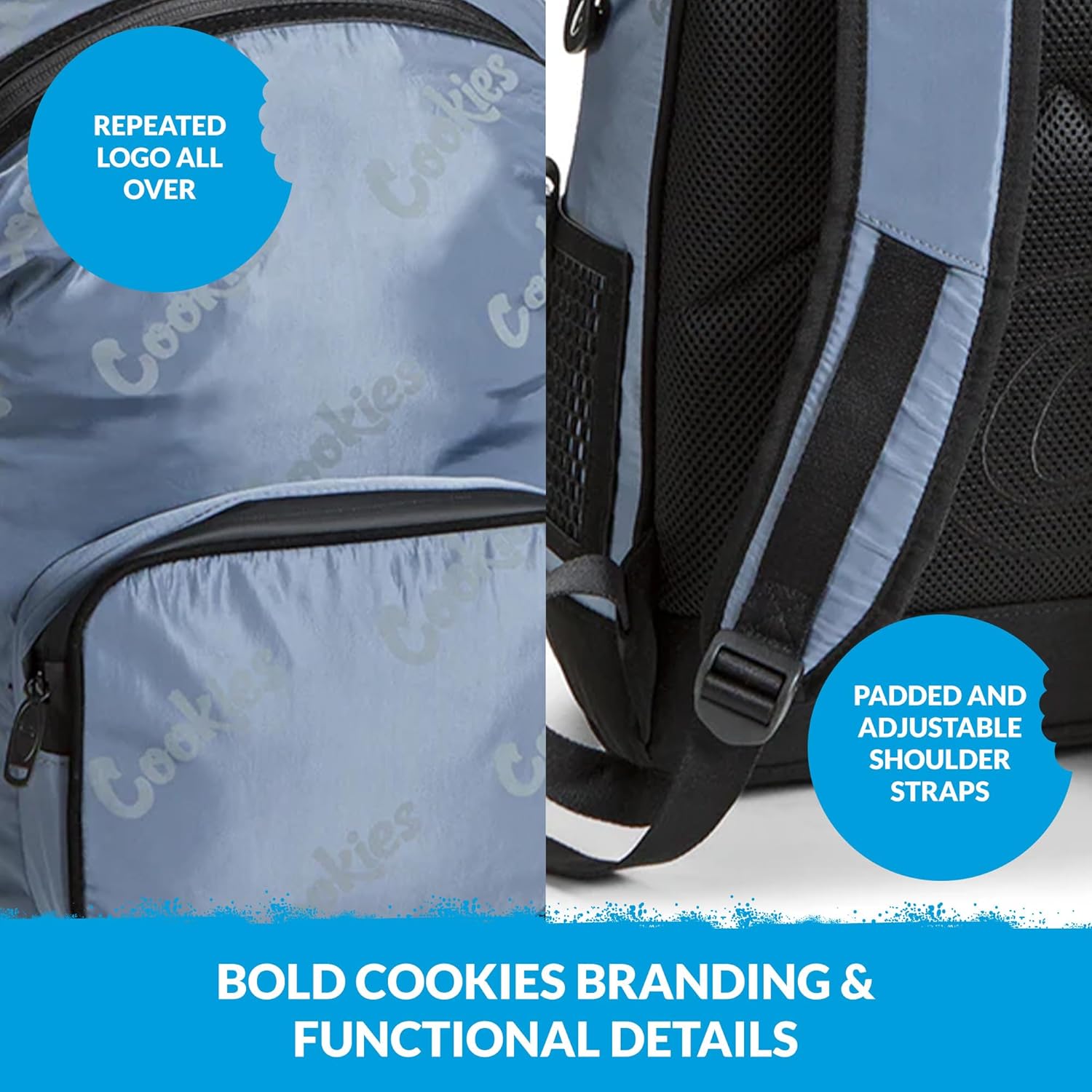 COOKIES Luxe Satin Smell Proof Backpack – Odor Resistant Bag for Travel, School, Work, Gym & Everyday Use with Large Main Compartment, Front Zip Pocket, Side Pockets, Adjustable Straps – Navy Camo - Image 6