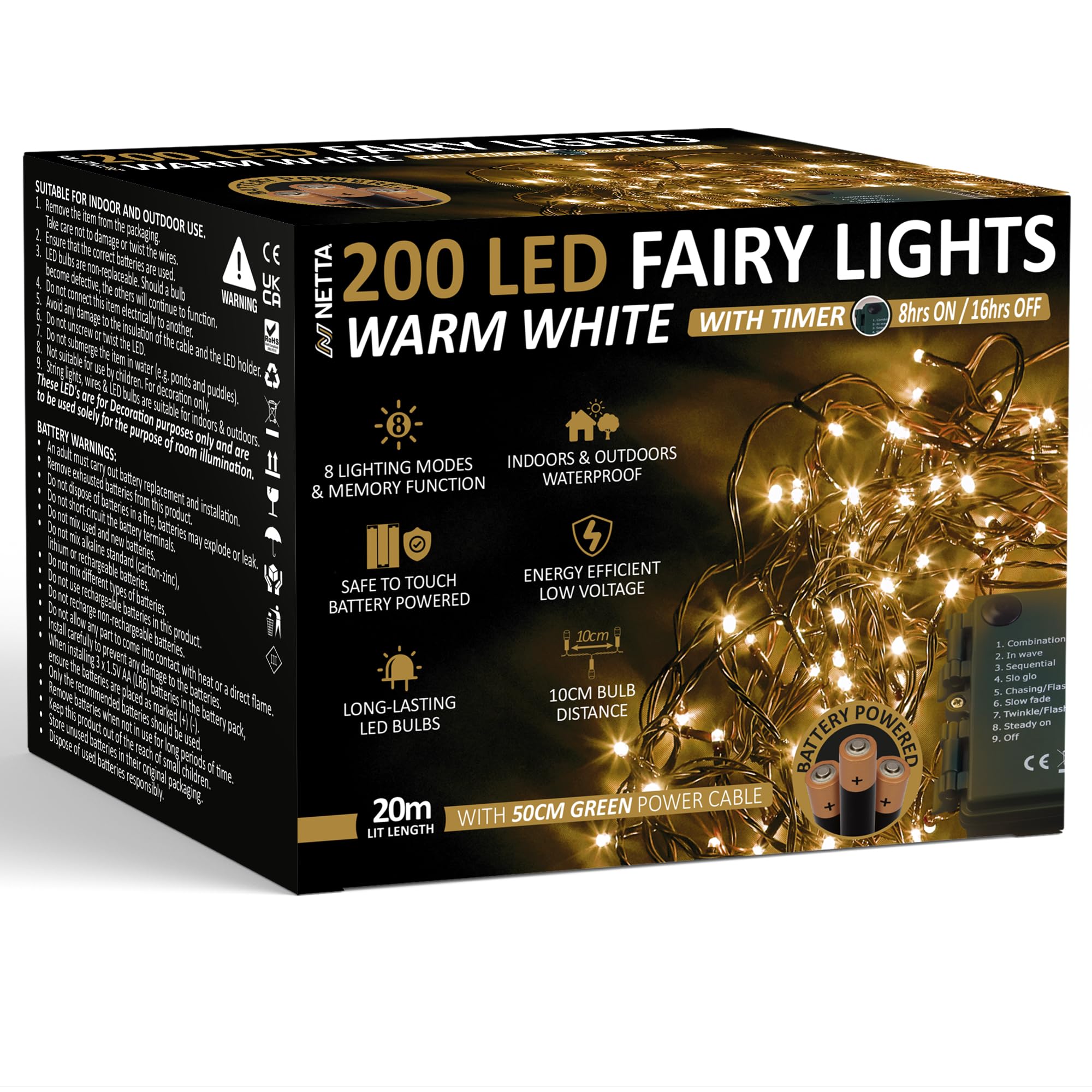 NETTA Battery Operated 200 LED 20M Christmas Tree Fairy Lights with Timer - 8 Different Mode String Lights for Outdoor & Indoor Use - Warm White